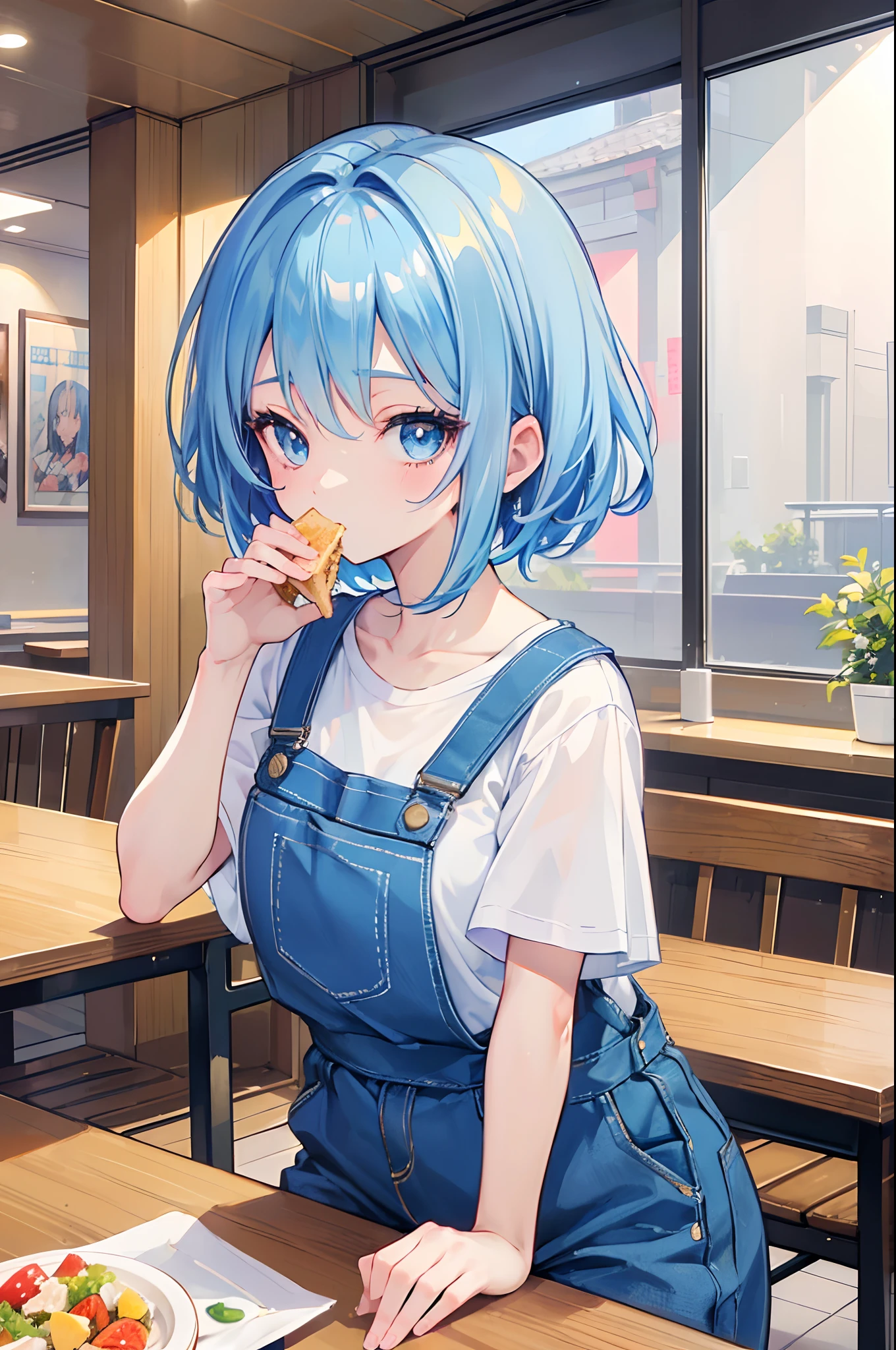 ((Masterpiece, high quality, high definition, high detail)) 1 anime girl, Everyday picture for instagram, short light blue hair, blue eyes, casual clothing, in restaurant eating parfait, overalls and white t-shirt