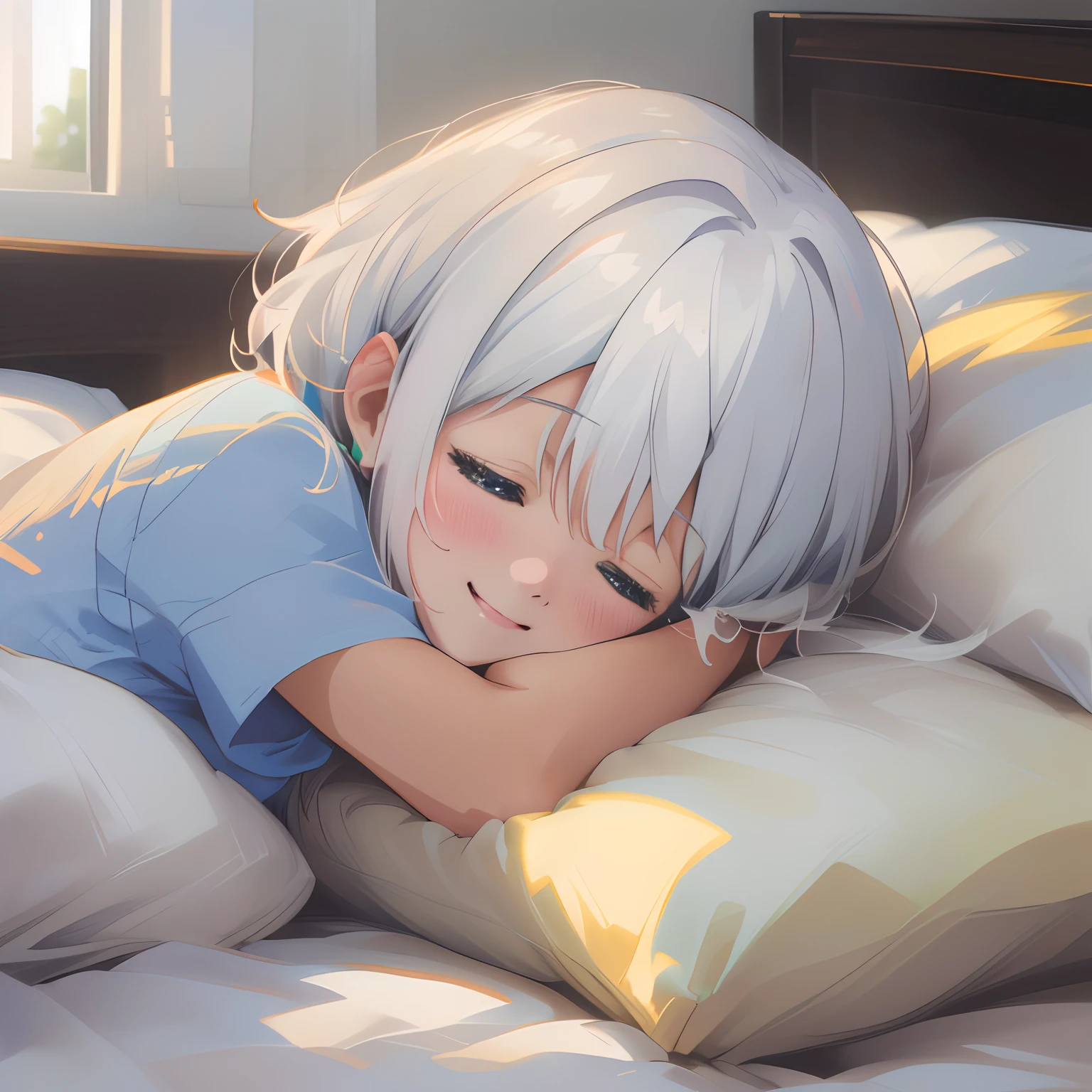 (best quality,4k,8k,highres,masterpiece:1.2),ultra-detailed,(realistic,photorealistic,photo-realistic:1.37),anime,chibi,comfortable atmosphere,morning,sun rays on the face,black pajamas,white hair,tan skin,lying on bed,head on pillow,asleep,closed eyes,smiling,pleasant lighting,colorful,colorful palette,happy