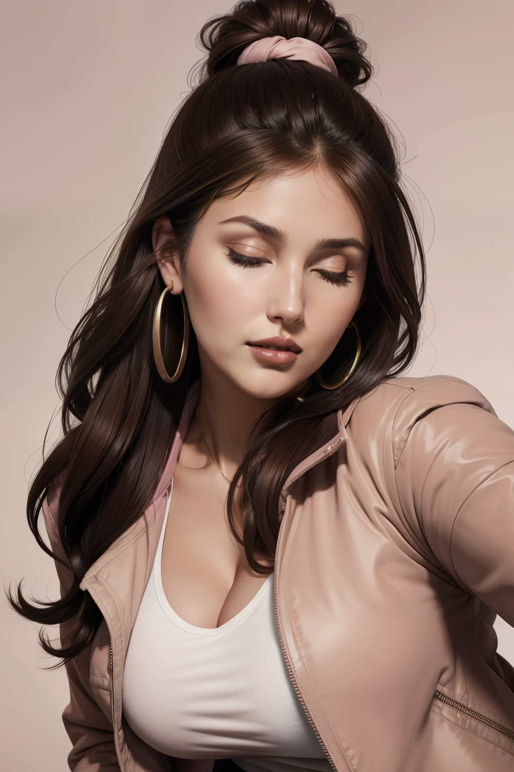 lucy pinder, face portrait, portrait, beautiful face, ((brown lips)), mouth wide open, straight hair, black hair, hair tied in a chignon, pink t-shirt, ((thick brown jacket)), cleavage, chubby woman , eyes closed, hoop earrings