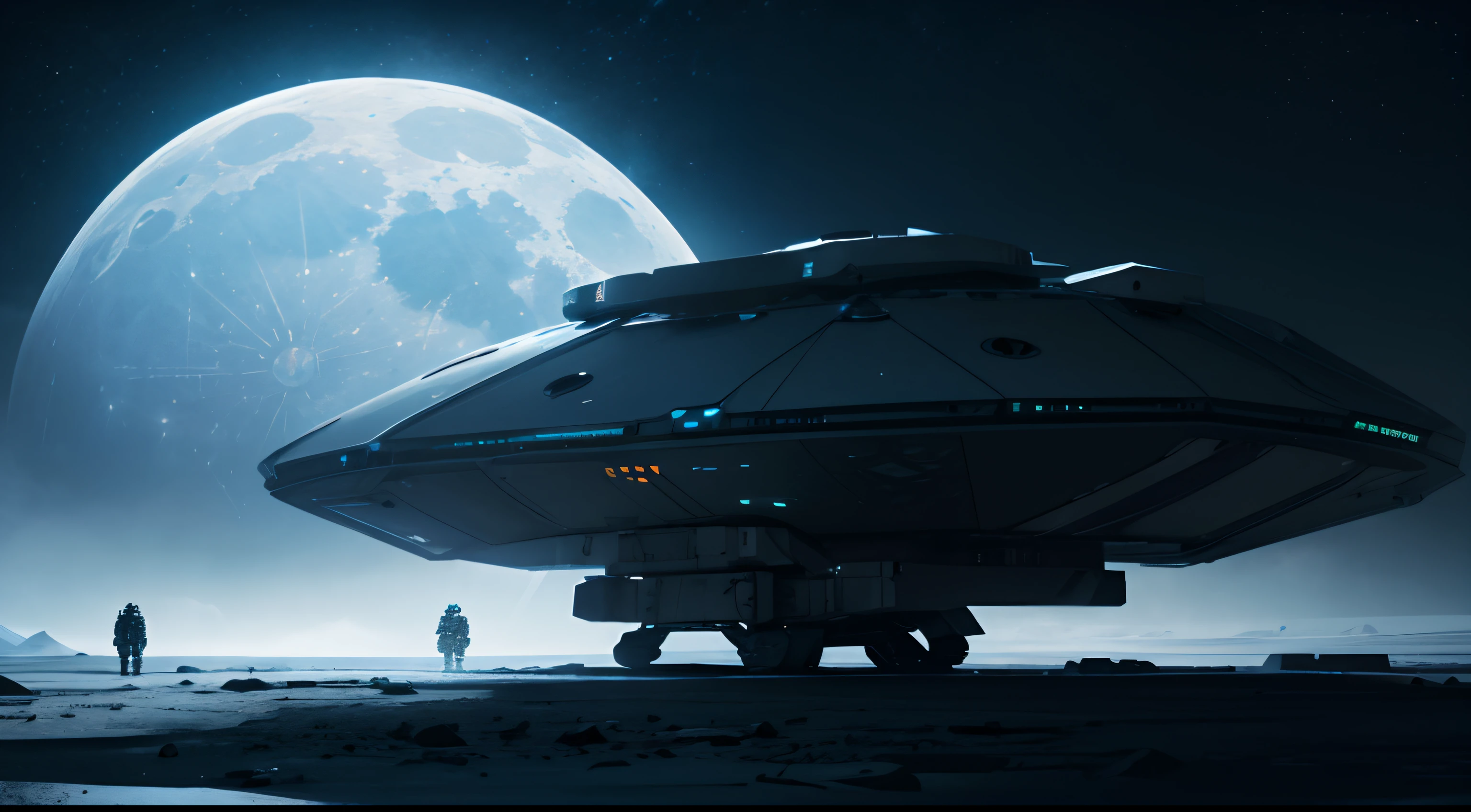(best quality, highres, ultra-detailed:1.2), futuristic military base on the moon, moonlit landscape, advanced technology, sleek metallic structures, glass domes, bustling activity, soldiers in high-tech armor, surveillance drones, holographic displays, anti-gravity vehicles, towering launch pad, lunar vehicles, rocket launches, starry sky, artificial gravity, energy shielding, futuristic weaponry, neon lights, cool blue color tones, dramatic shadows and highlights, moon dust, lunar rocks, reflections on the lunar surface.