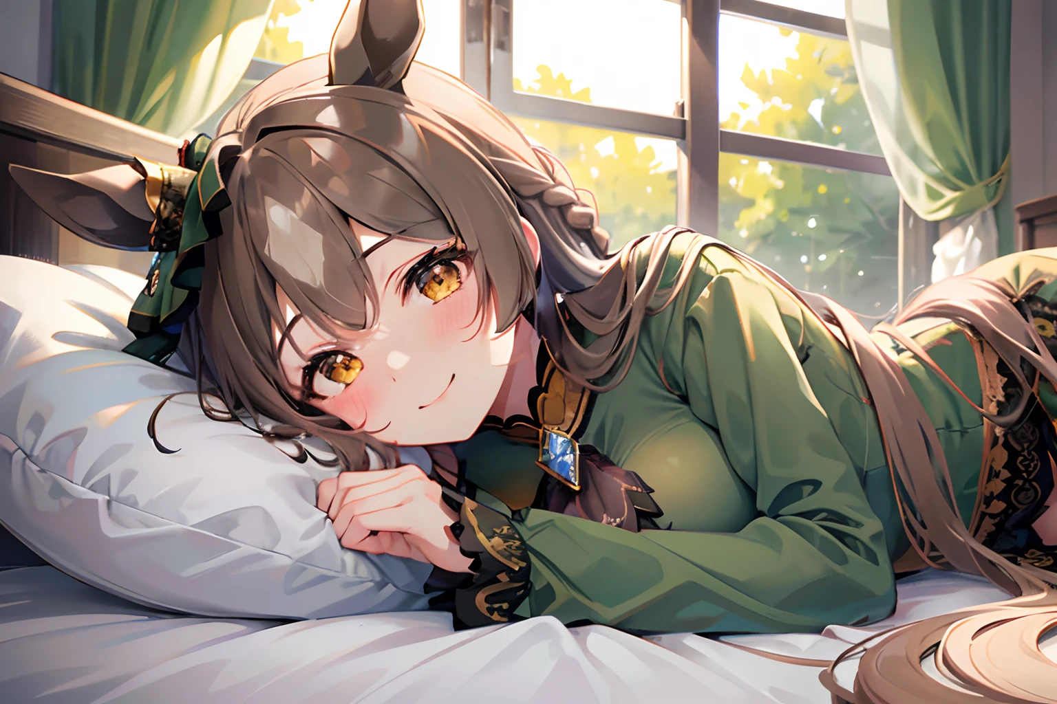 Lying down,Viewer's Perspective,blushed face,Shy,a smile,Close-up of the face,a bed,aasato, long hair, half updo, braid, hair between eyes, animal ears, ear ornament, horse tail, breasts, frills, black ascot, green dress,black thighhighs,Top image quality,Masterpiece,Best Quality