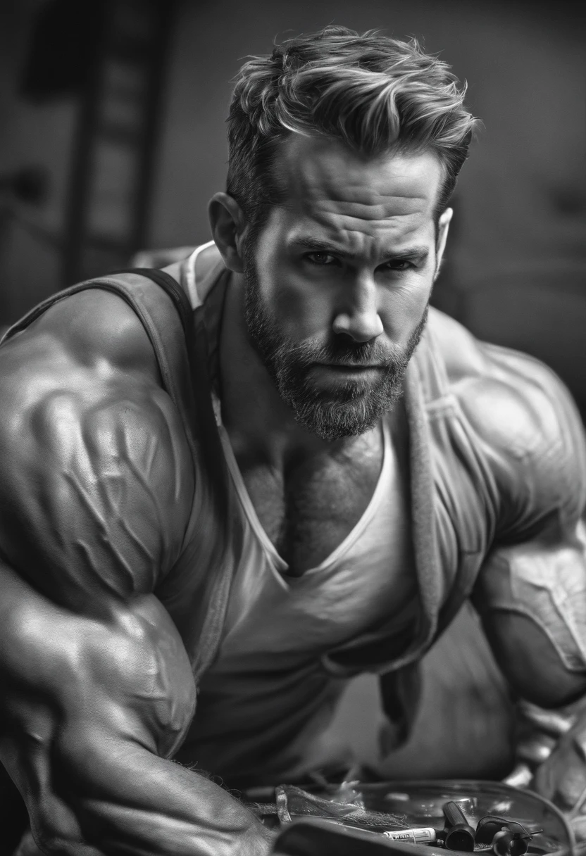 ryan reynolds giving a blow job to a hot muscular man, men having gay sex, hairy, 20 inch uncut cock, veiny, nfsw, nude, full body,