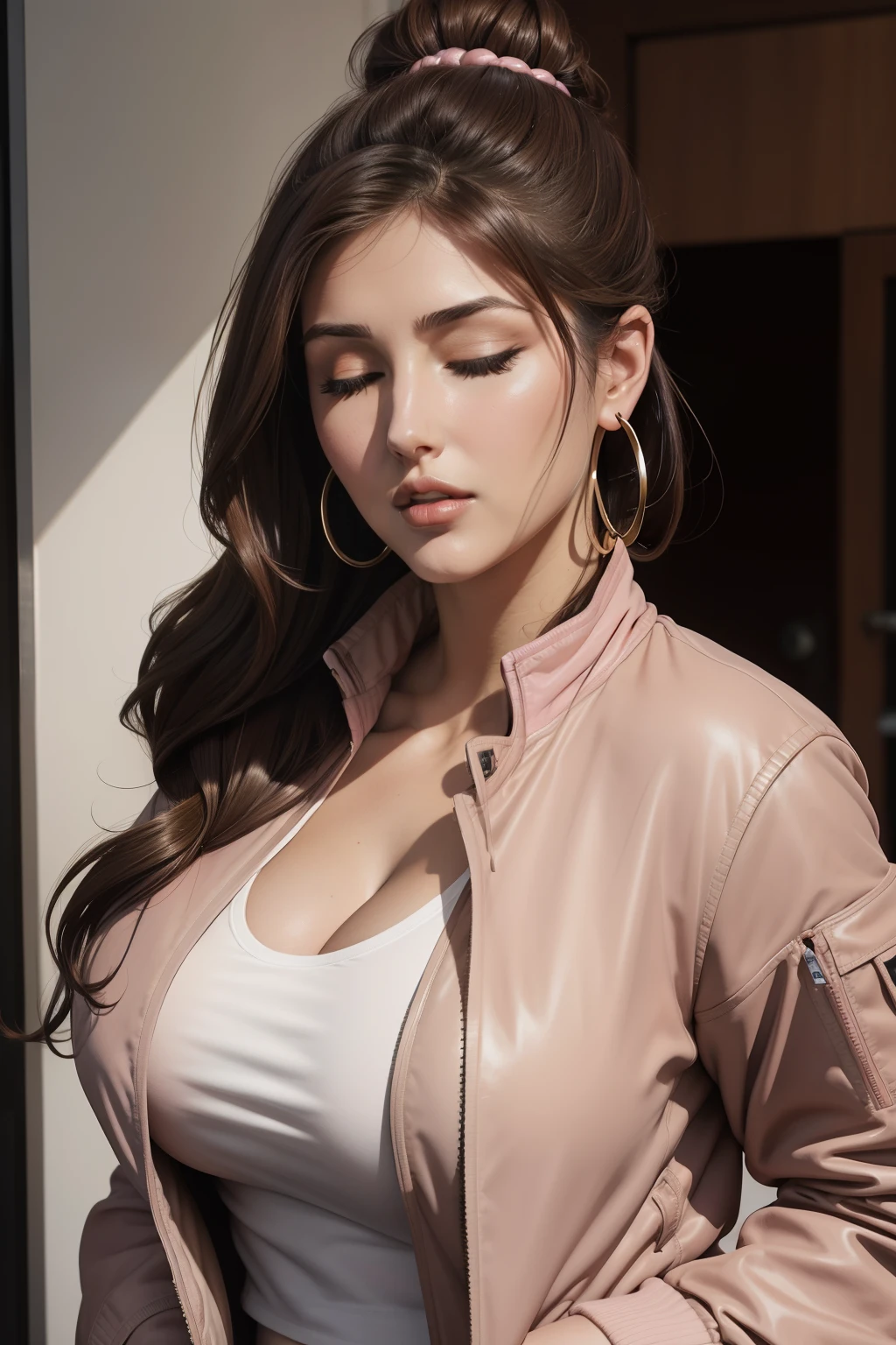lucy pinder, face portrait, portrait, beautiful face, ((brown lips)), mouth wide open, straight hair, black hair, hair tied in a chignon, pink t-shirt, ((thick brown jacket)), cleavage, chubby woman , eyes closed, hoop earrings