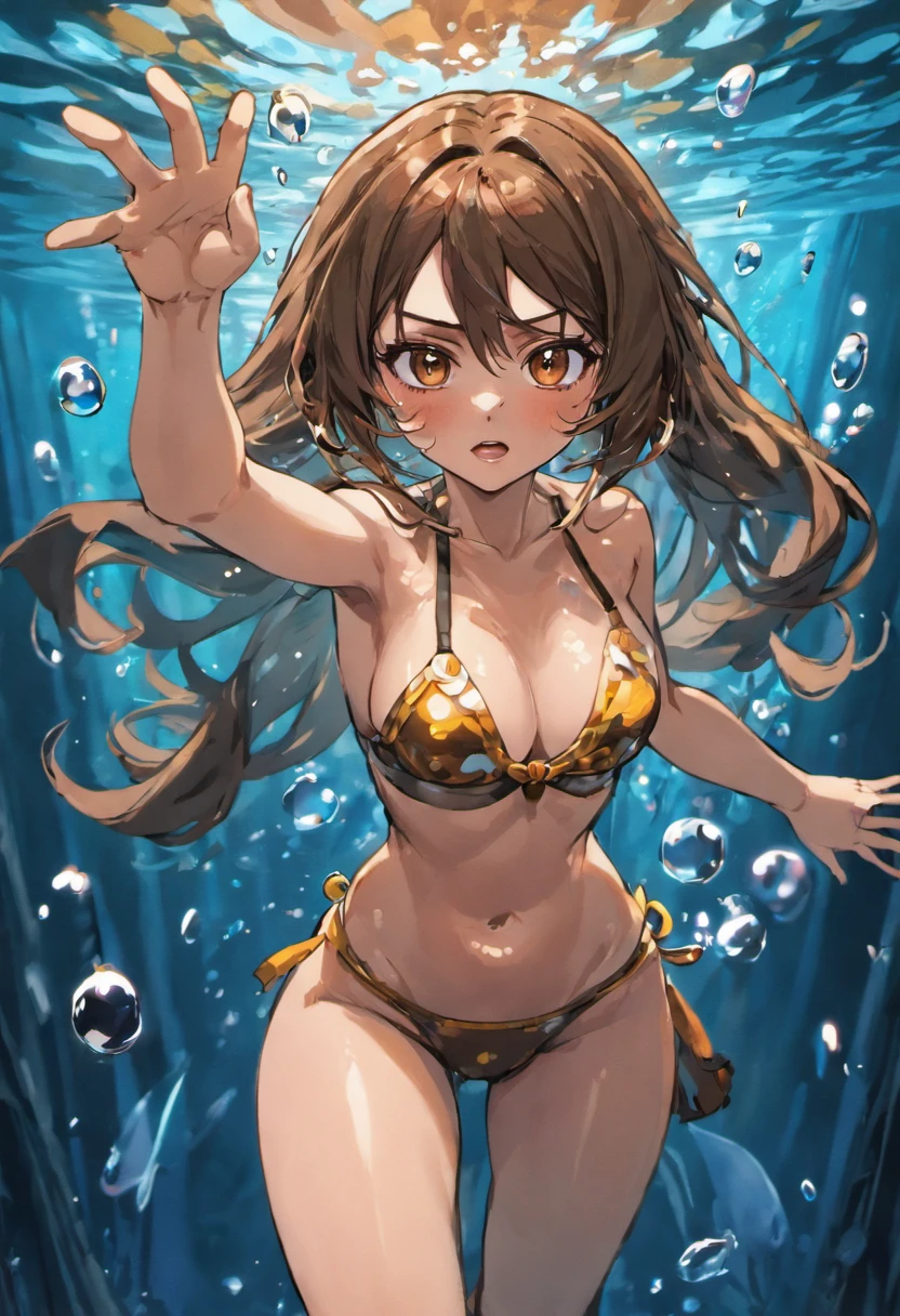 masterpiece, best quality, 1girl, brown hair, brown eyes, long hair, underwater, air bubble, solo, looking at viewer, swimming, dappled sunlight, bare breasts, nipples, cute girl, standing, cute face, sexy