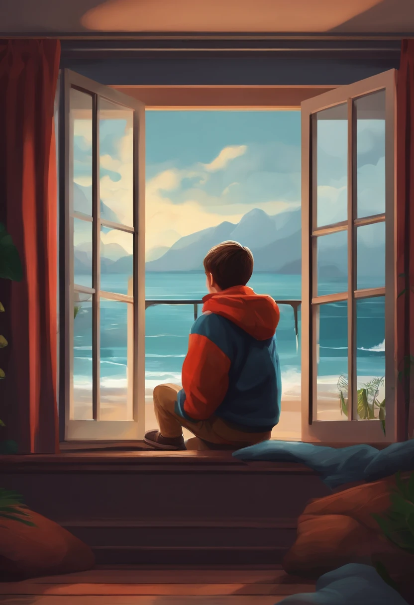 Make a Loepfe art in animation,A boy studies in front of a window in a building, Overlooking the beach on rainy days