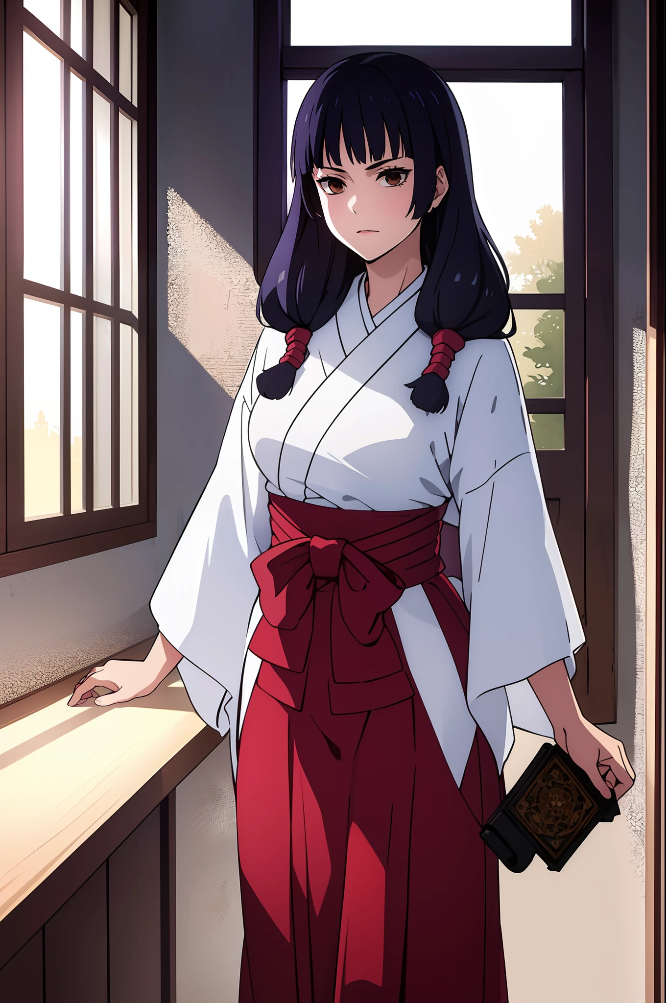 masterpiece, ((ultra detailed background, delicate pattern, intricate detail)), (highly detailed, fine details), best quality, beautiful lighting, ((medium breasts, slim girl)), Utahime, 1girl, solo, black hair, long hair, brown eyes, japanese clothes, twintails, miko, blunt bangs, red hakama, complex detailed background, inside, castle room environment, medieval castle, gray walls, window, bookshelf, (cowboy shot),