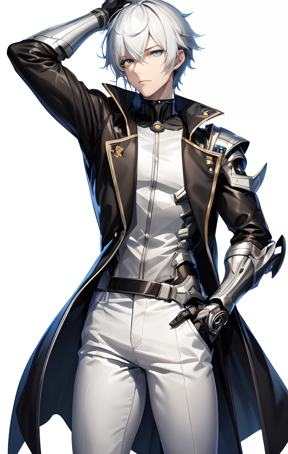 (Best quality,4K,8K,A high resolution,Masterpiece:1.2),(Full character),Ultra-detailed,Character standing drawing,(Transparent background),jrpg character art, male anime character,Single male character,White trench coat,Black Jeans,Silvery hair,Black and white pupils,Left-handed robotic arm