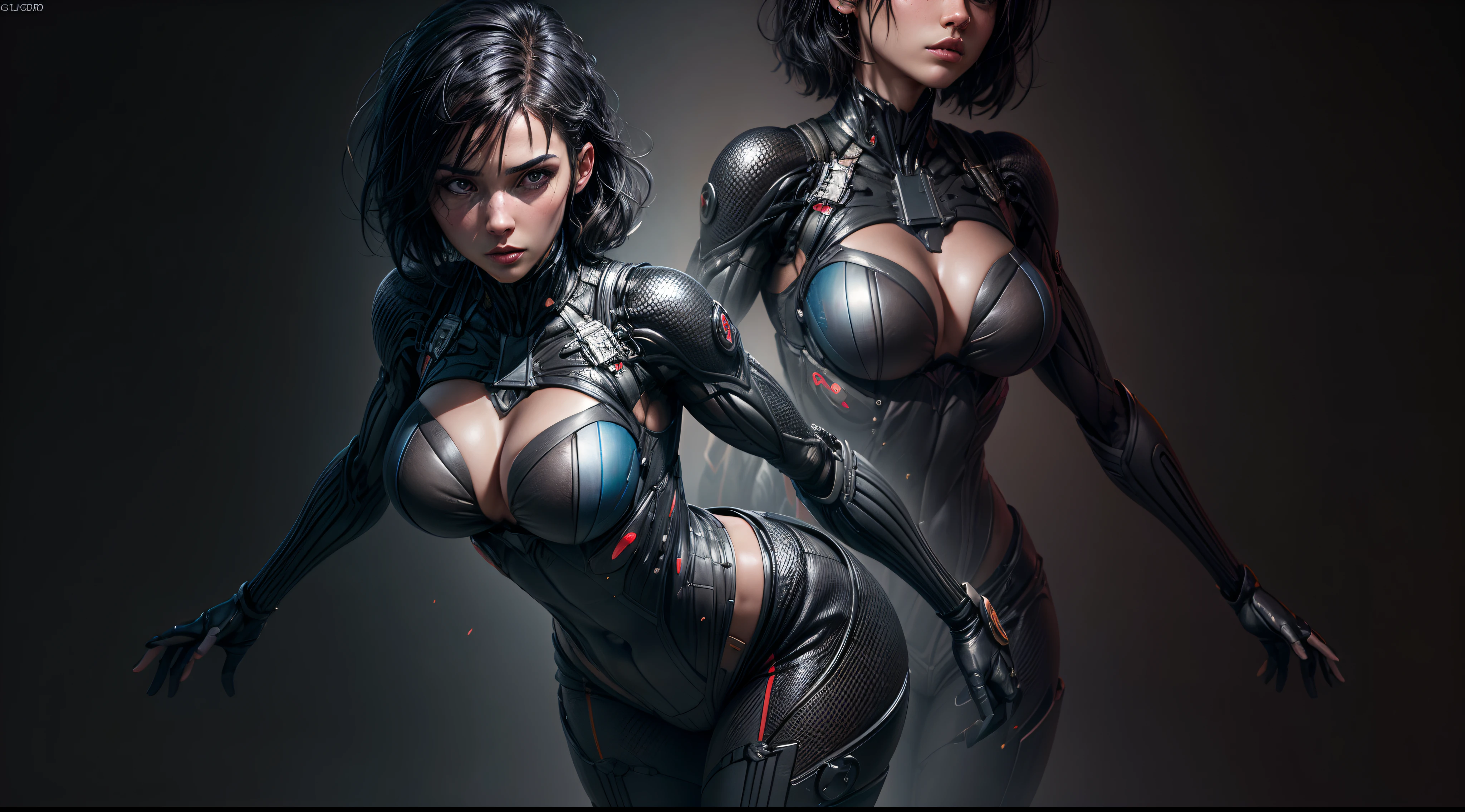 ((Best quality)), ((masterpiece)), (detailed:1.4), 3D, HDR (High Dynamic Range),Ray Tracing,NVIDIA RTX,Super-Resolution,Unreal 5,Subsurface scattering,PBR Texturing,Post-processing,Anisotropic Filtering,Depth-of-field,Maximum clarity and sharpness,Multi-layered textures,Albedo and Specular maps,Surface shading,Accurate simulation of light-material interaction,Perfect proportions,Octane Render,Two-tone lighting,Wide aperture,Low ISO,White balance,Rule of thirds,8K RAW, black latexsuit, beautiful, short black hair, blue eyes, curvy