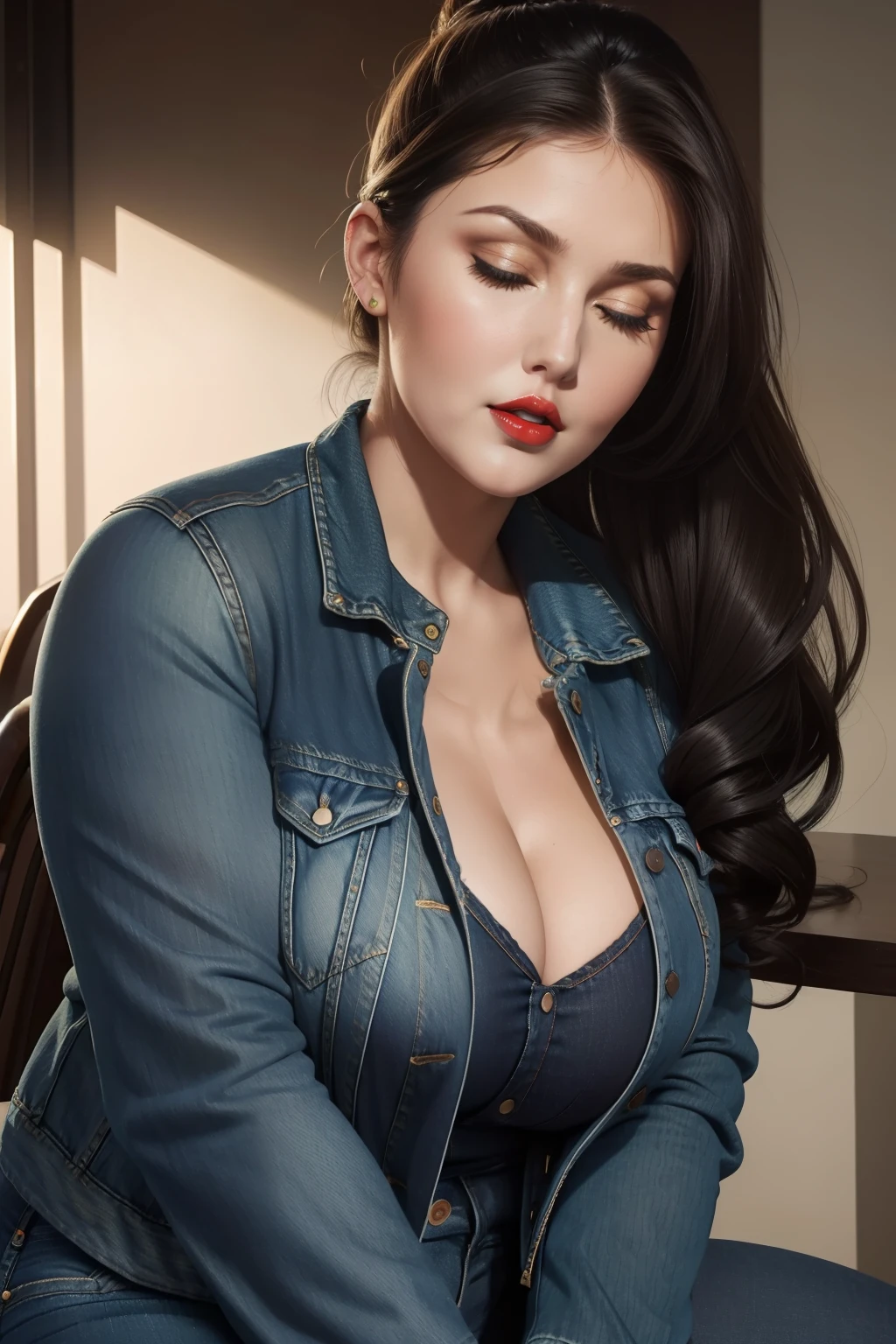 lucy pinder, face portrait, portrait, beautiful face, ((red lips)), mouth wide open, straight hair, black hair, hair tied in a chignon, petrol green dress, neckline, ((jeans jacket)), neckline, ((very chubby woman)), eyes closed.