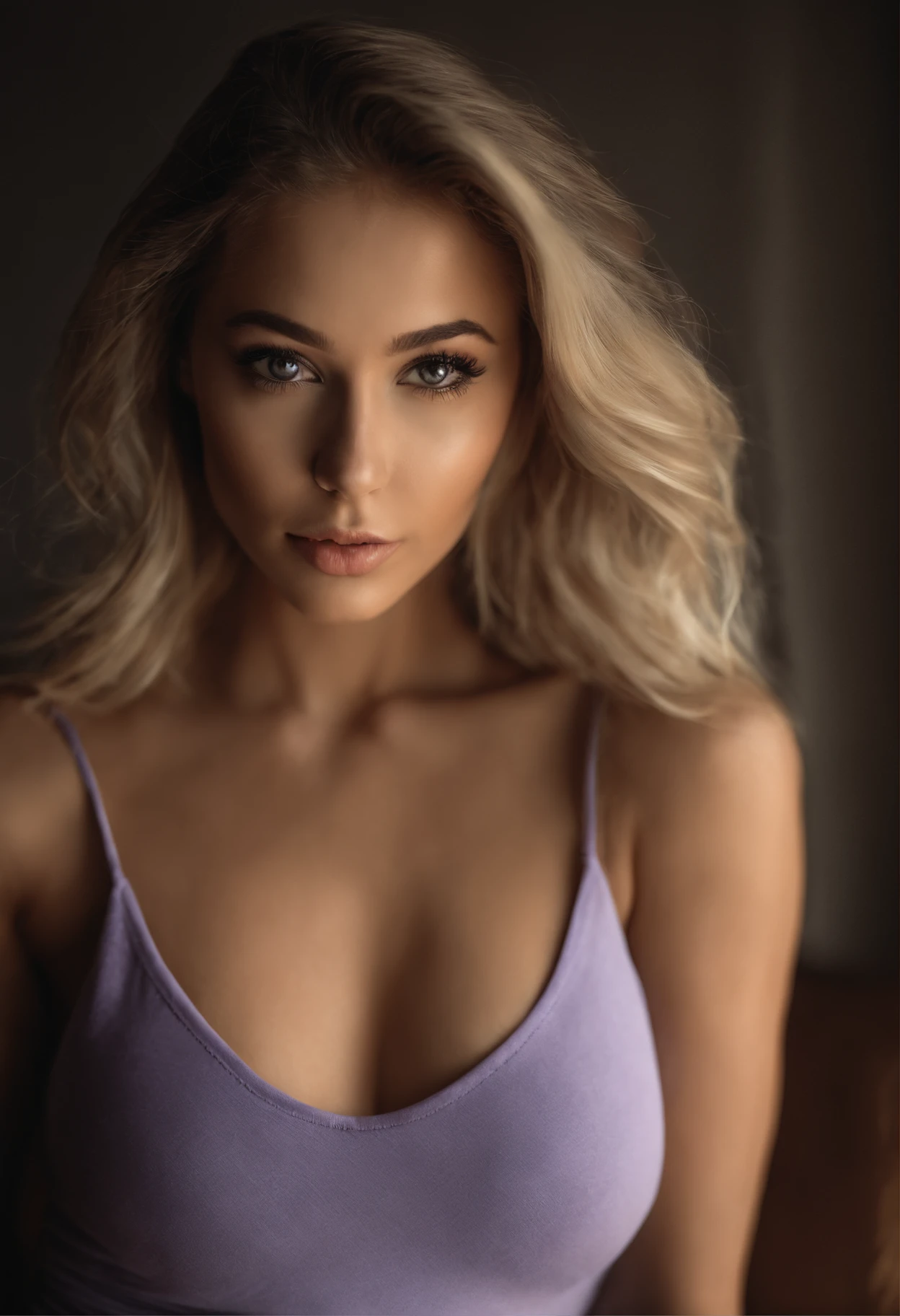 Arafed woman with matching tank top and panties, Sexy girl with brown eyes, portrait sophie mudd, blonde hair and large eyes, at the club, Selfie einer jungen Frau, Augen im Schlafzimmer, Violet Myers, ohne Make-up, Natural makeup, Blick direkt in die Kamera, Gesicht mit Artgram, dezentes Make-up, Stunning full body shot, im Schlafzimmer, Spaltung