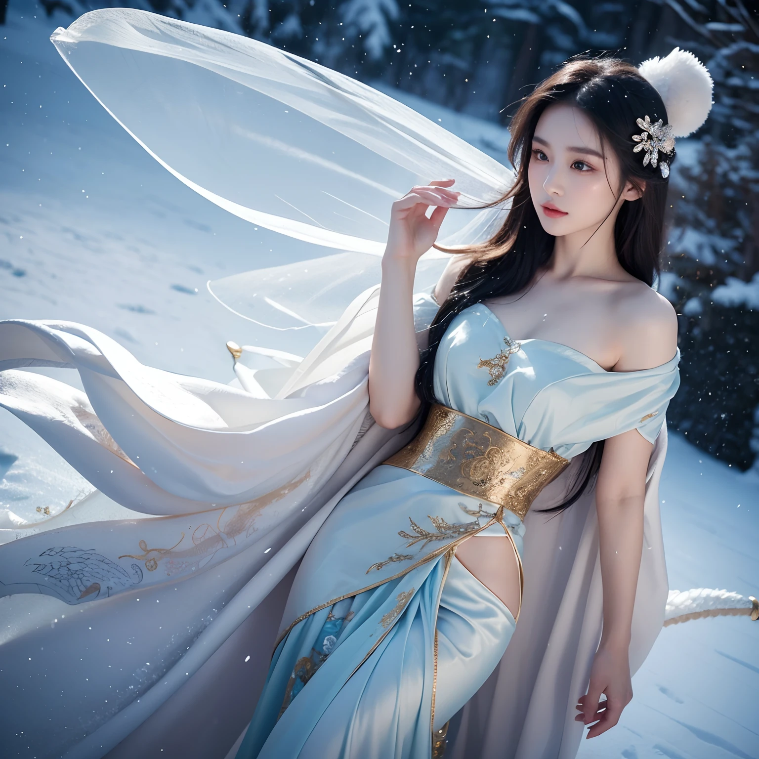 A Chinese beauty,Fairy air fluttering,Wrapped in fine yarn,Tattoo of a dragon on the back,Graceful figure,Snow-white skin,Long hair and waist,Beautiful as a fairy,Like a mythical goddess,Real Photographics