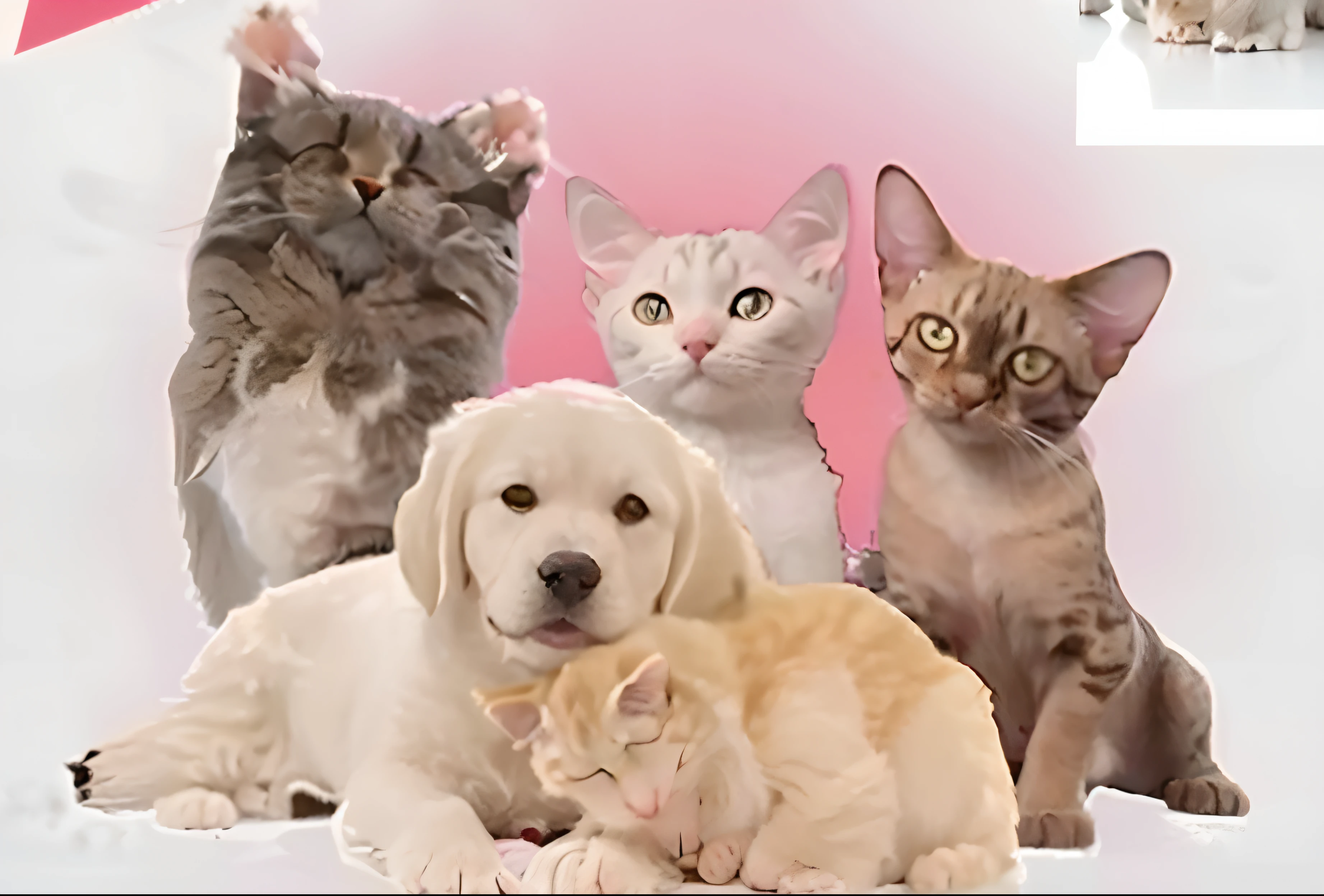 There are four cats and two dogs sitting on pink background, pet animal, pets, cat dog teddy mix, Cute animals, critters, Small animals, cat dog hybrid, catscatscats, cats party, awww, various animals, mixture animal, peaceful animals, high-quality picture, Cuteness, furraffinity, adoptable, lovable and furry, awww