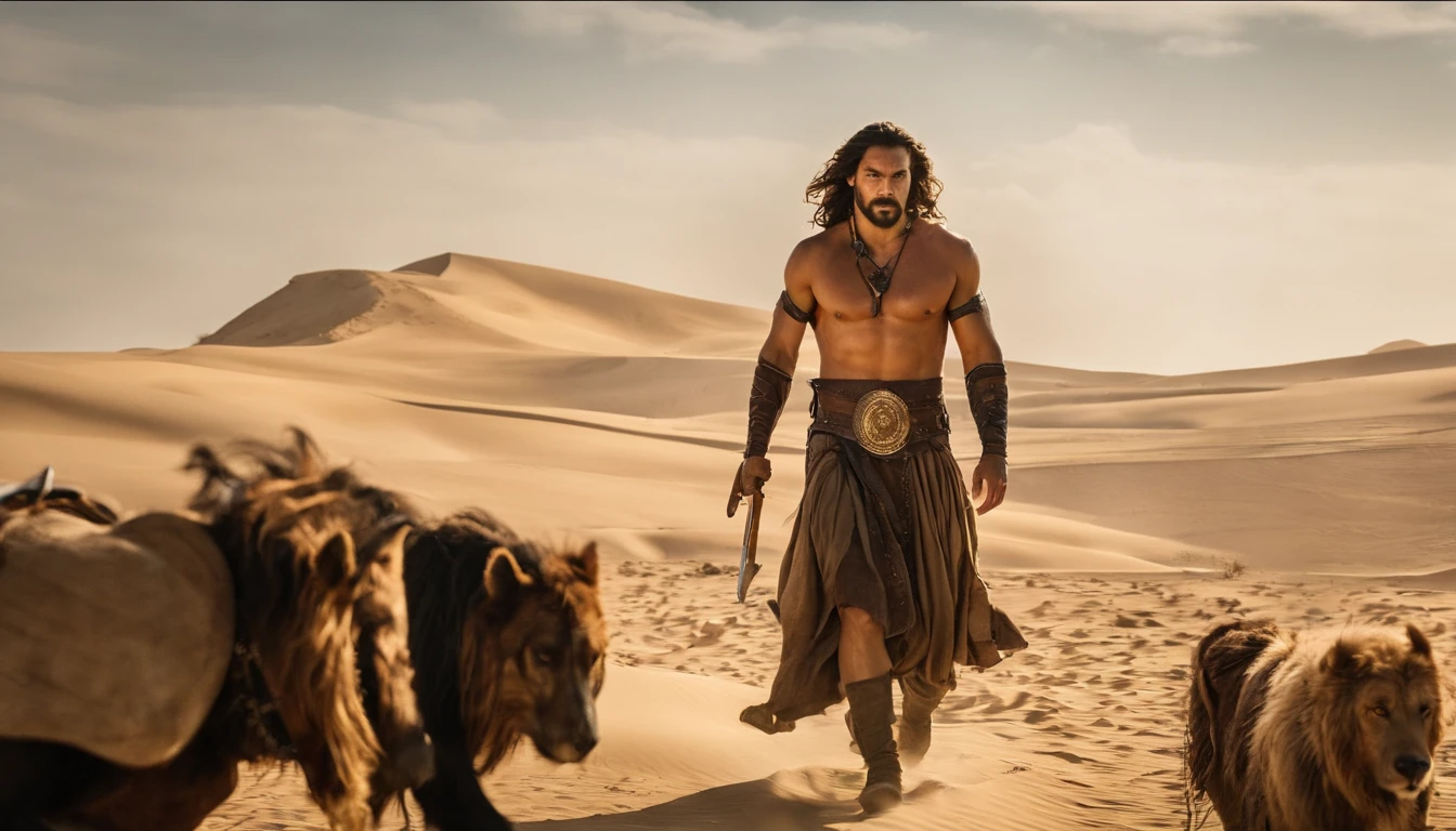 Uma fotografia super realista.request to create a hyper-realistic photographic image that shows only one man (So an arafed man with long hair and beard in a desert area, jason momoa as assyrian, Jason Momoa como Conan, Jereme Momoa como Tarzan, atraente macho de carne com armadura, guerreiro persa, Henry Cavill como um deus grego, handsome prince of persia, jason momoa, biblical epic movie, henry cavill is a greek god,.) Carrying a gate on the shores of a castle, super detalhista e realista.