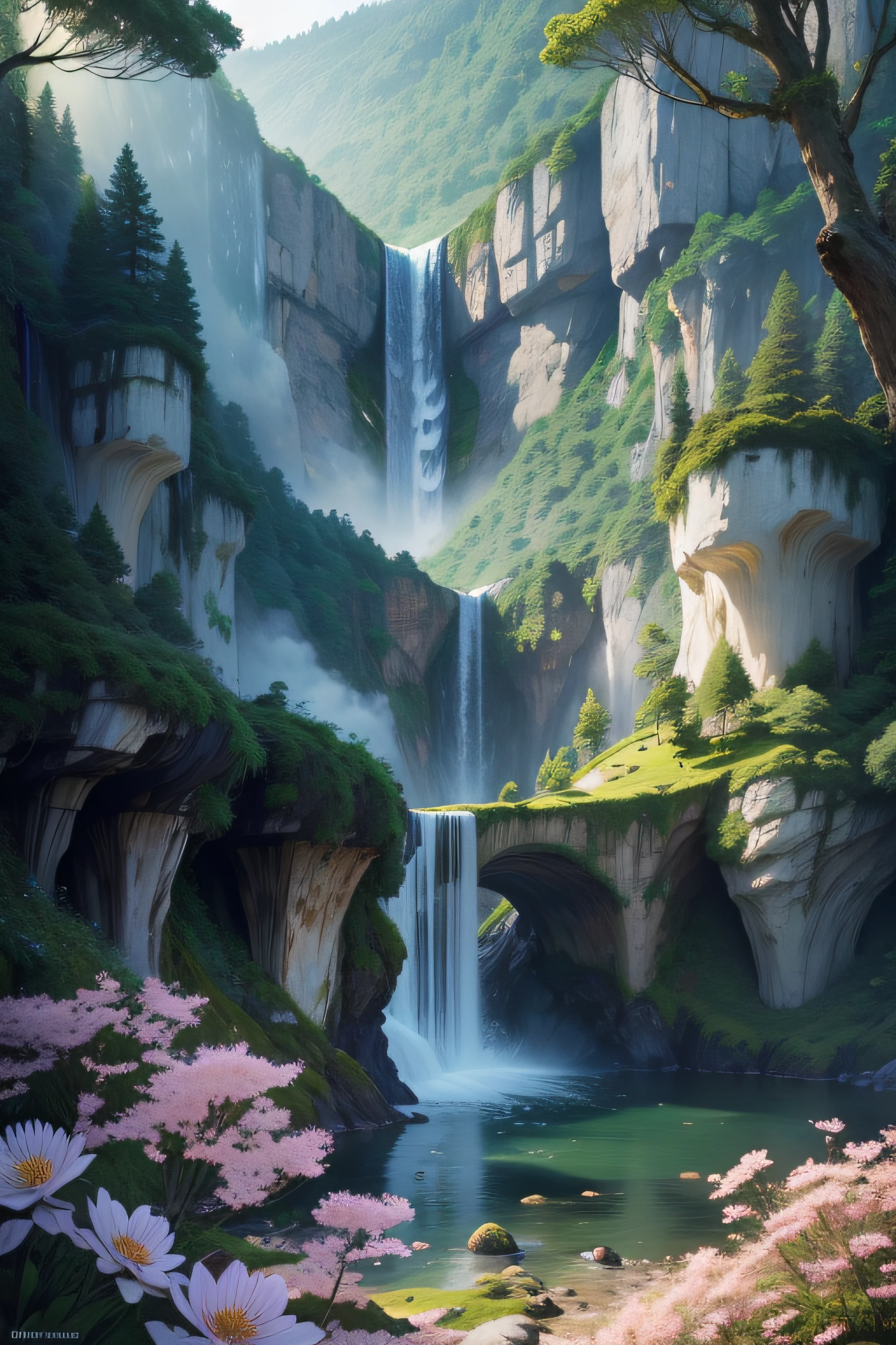 Masterpiece, best quality, 8K, high res, ultra-detailed, A scene of a waterfall cascading down a high cliff amongst lush greenery, adorned by vibrant flowers, towering pines, and delicate bamboo groves,no humans, sakura, beautiful view, ultra-detailed, fine detailed, highly detailed, intricate, highly detailed, ultra-detailed, scenery,no humans, lush green mountains, winding rivers, misty atmosphere, solitary, intricate details, delicate features, verdant trees, blooming flowers, druid's circle, soft moss, deep forest, intricate leaves and vines, wisps of light, still pool of water, pristine, verdant green, A picturesque scene of a waterfall cascading down a high cliff amongst lush greenery, adorned by vibrant flowers, towering pines, and delicate bamboo groves.