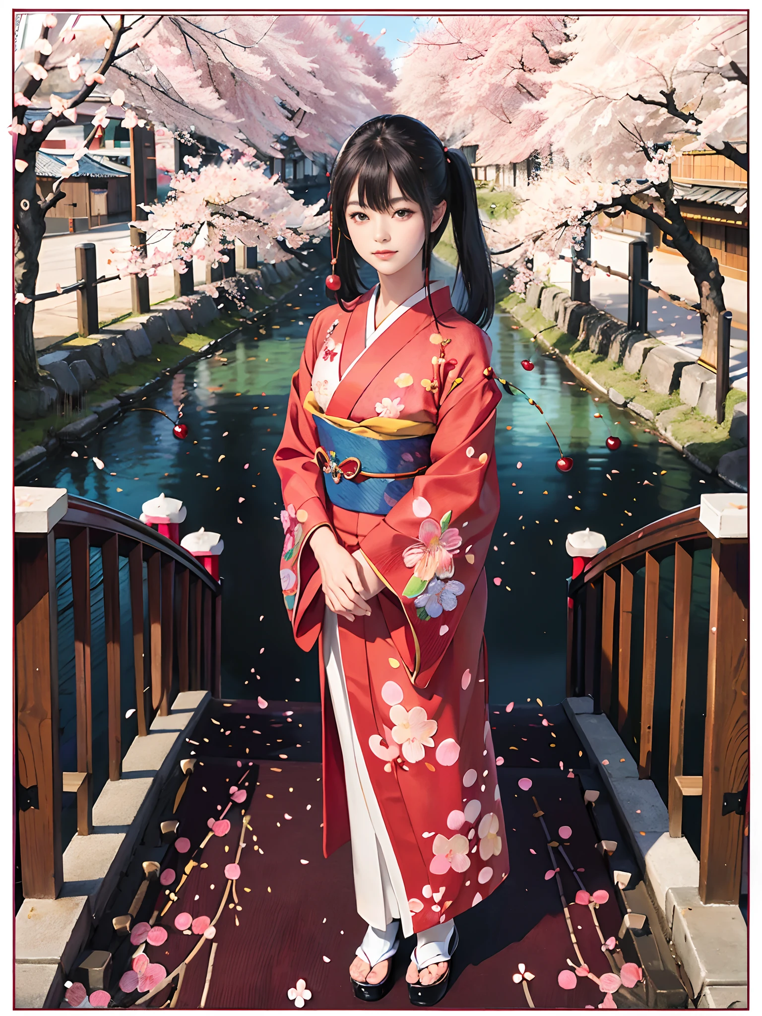 Background of details(Kyoto in Japan(cherry trees:1.5)),BREAK ,elaborate costume(Luxury kimono(Colorful kimono(detailed embroidery(Cherry print embroidery:1.2)))),BREAK,1 Beautiful and classy adult woman(Japanese actressl:1.2)(glossy dark hair(poneyTail:1.2))(Arms outstretched),BREAK,Wallpapers 16K,Blur the background,(masutepiece:1.5), (Best Quality:1.5),(Portrait photos:1.5),(full body Esbian:1.5)