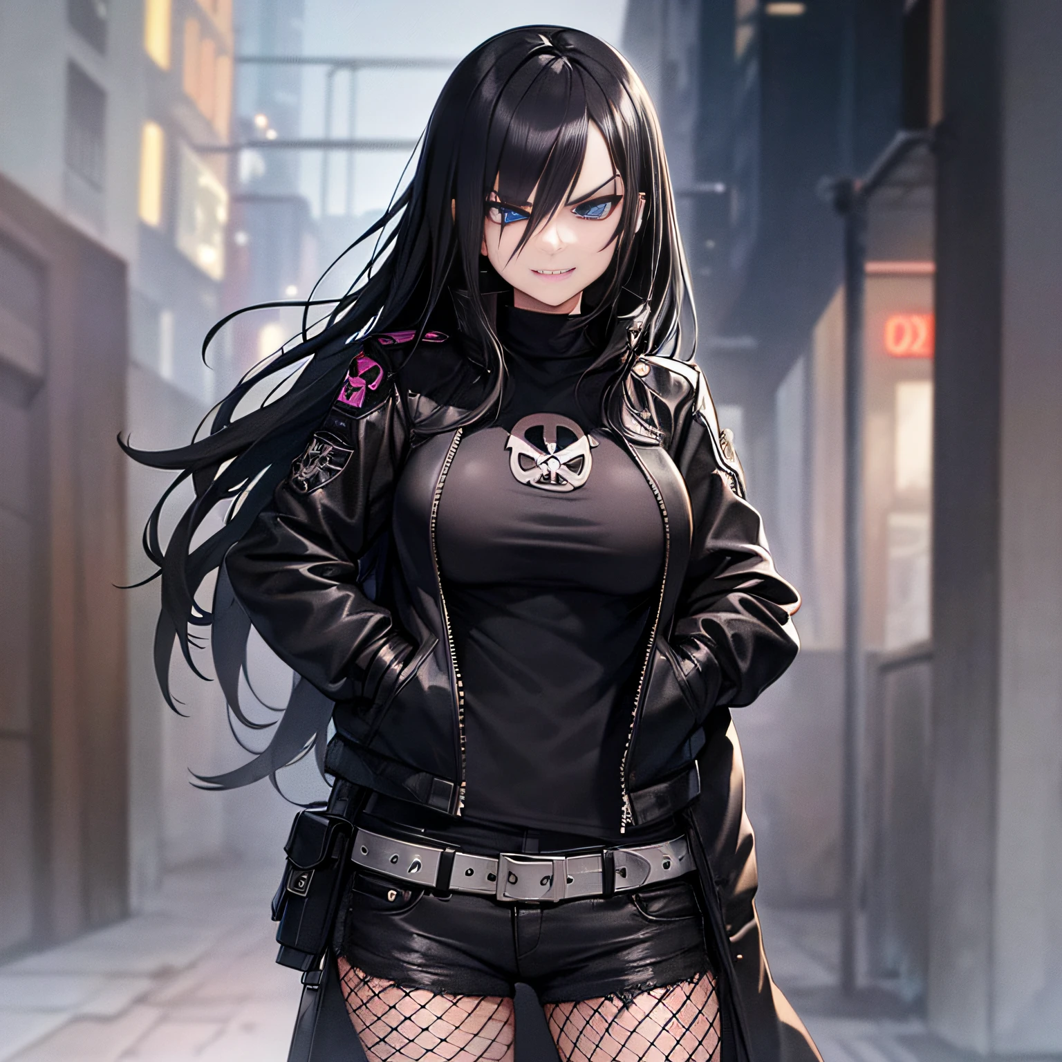1girl, In an Apocalyptic City a girl with long straight black hair, large breasts, dark blue eyes, and black lipstick, wearing a black fishnet punk top, black jeans, and a black biker jacket with a skull and crossbones drawn on it. She is standing holding a knife with a sly smirk as there is a motorcycle behind her