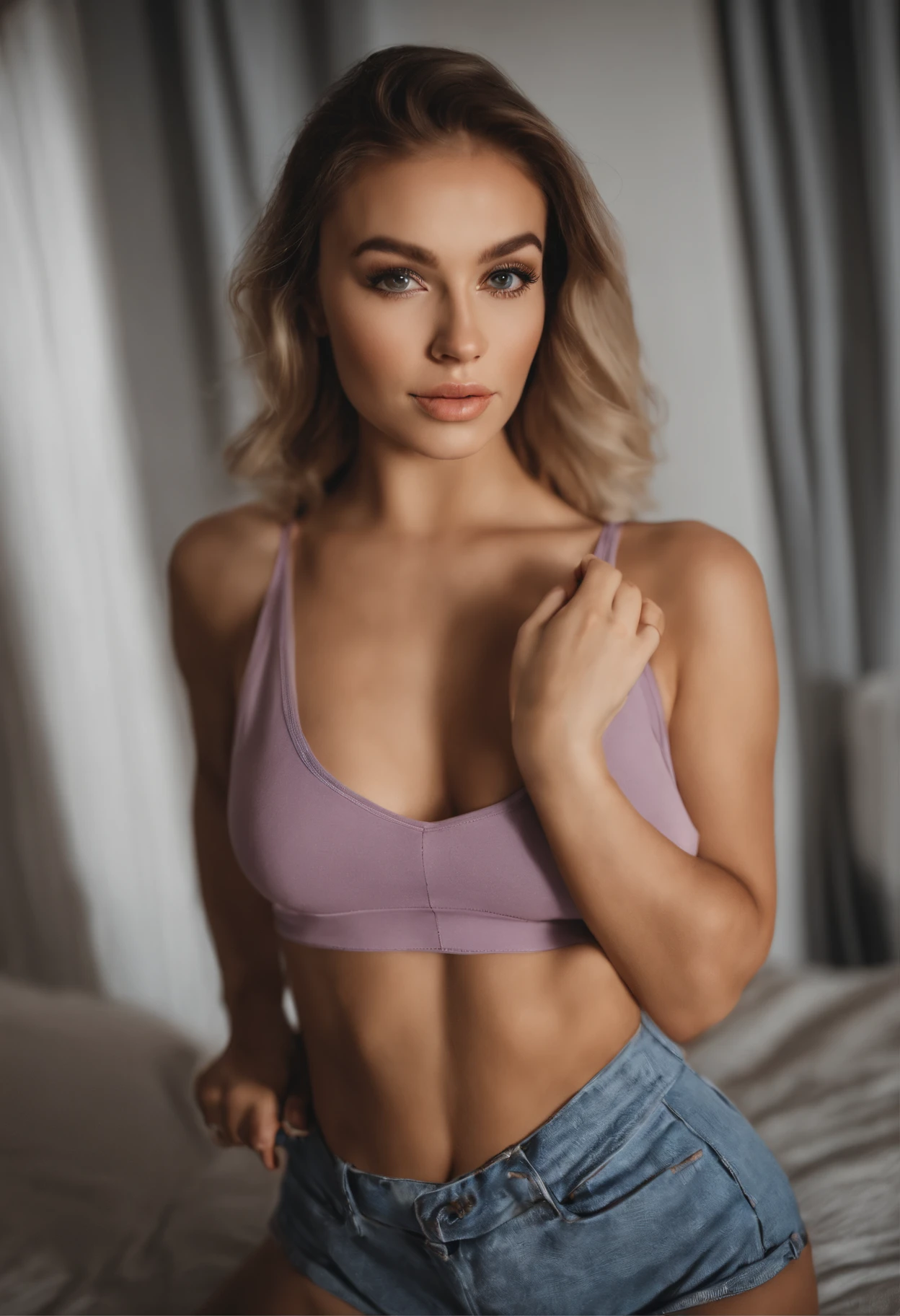 Arafed woman with matching tank top and panties, Sexy girl with brown eyes, portrait sophie mudd, blonde hair and large eyes, at the club, Selfie einer jungen Frau, Augen im Schlafzimmer, Violet Myers, ohne Make-up, Natural makeup, Blick direkt in die Kamera, Gesicht mit Artgram, dezentes Make-up, Stunning full body shot, im Schlafzimmer, Spaltung