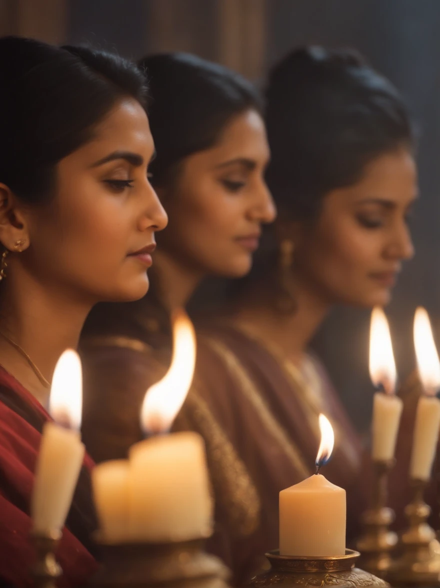 Festival to worship Goddess Saraswati Incense smoke floats around, dimly lit by several candles.