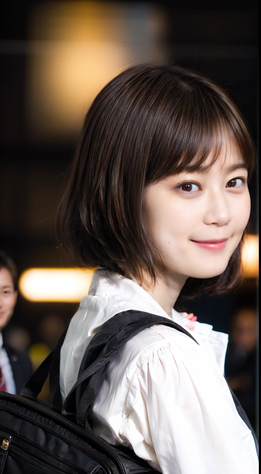 51
(19-year-old woman), (A hyper-realistic), (Masterpiece), Short Bob Cut, Airport Cabin Attendant, kindly smile