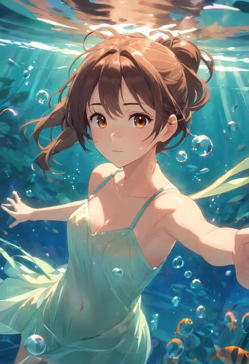 foreshortening, depth of field, masterpiece, best quality, 1girl, brown hair, brown eyes, long hair, underwater, air bubble, solo, looking at viewer, school swimsuit, swimming, dappled sunlight,