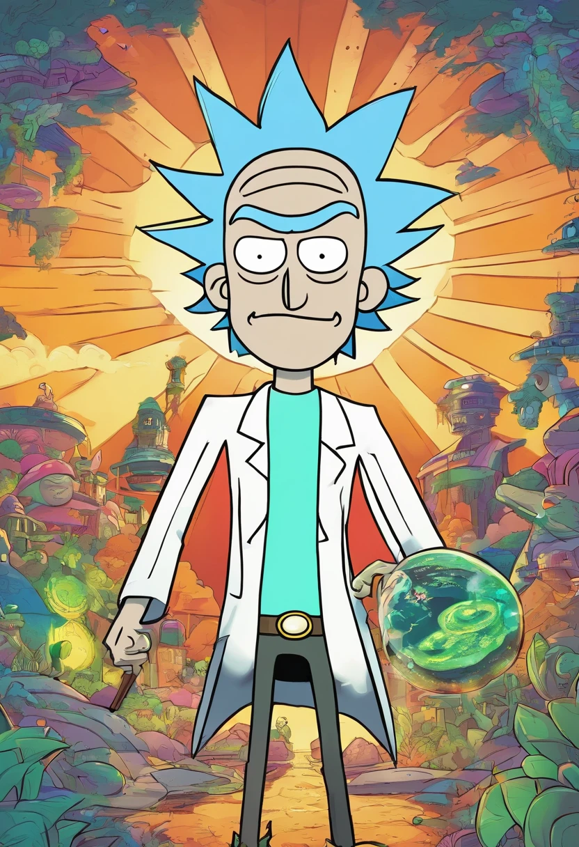 RICK AND mORTY'S, Rick, is watching a fashion show in a world of clockwork people. Cute clockwork woman (age 25, high heels, sexy dress, semi transparent skin showing her gears) show her from head to toe