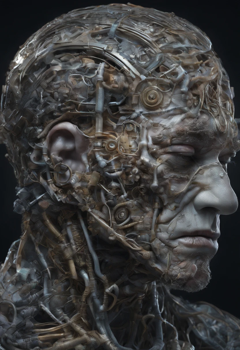 Exposed brain,Close up of face with closed eyes, pondering,abstract portrait, Surreal dark art, 4 k symmetrical portrait, 详细的脸, detailedeyes