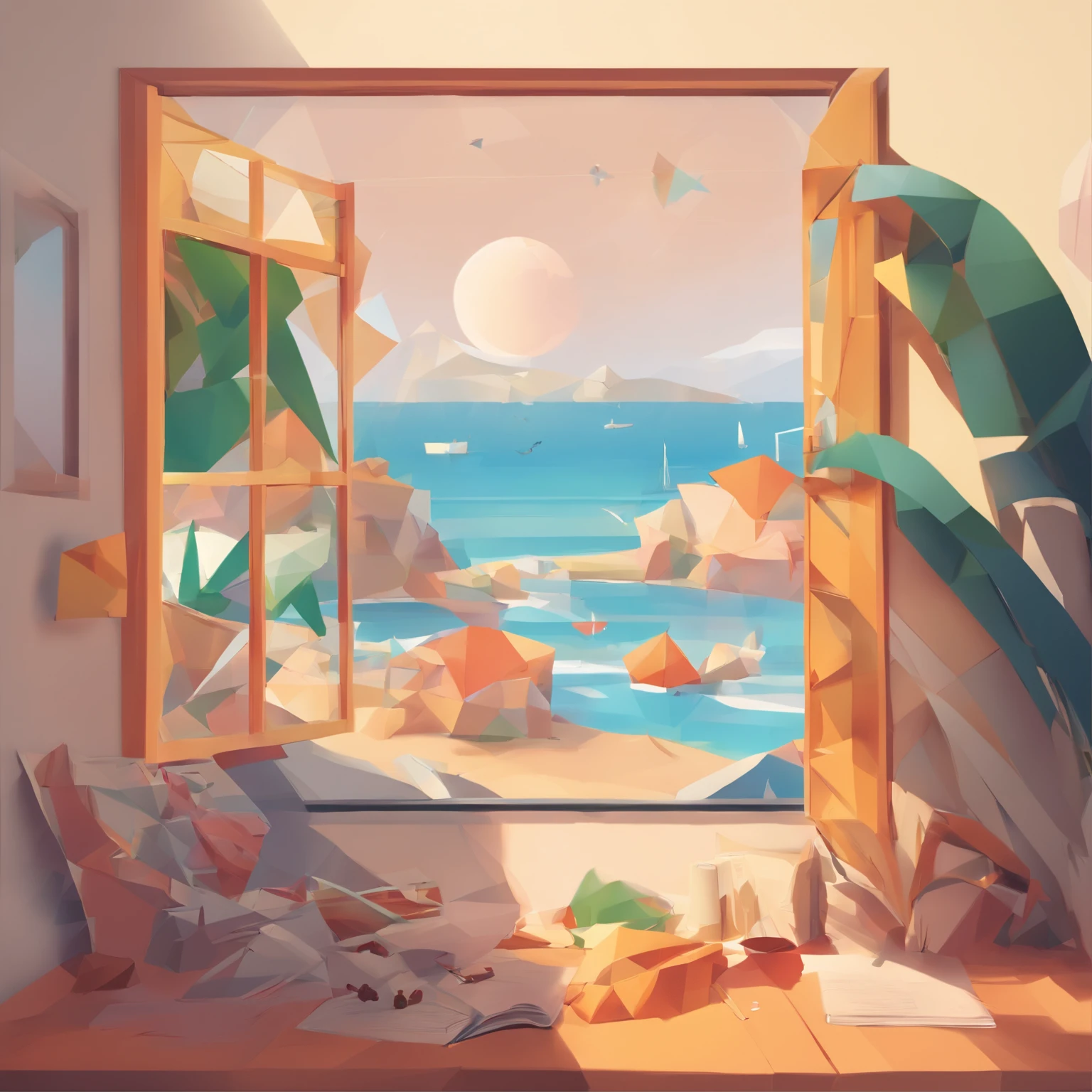 Wallpapers,tmasterpiece,best qualtiy,cinematic Film still from,Boys and girls sit together,Boy doing homework by the window,The girl looked at the starry sky,Looking at the sea in front of you,A full moon,autumnal,beachside,There was a big book outside the window