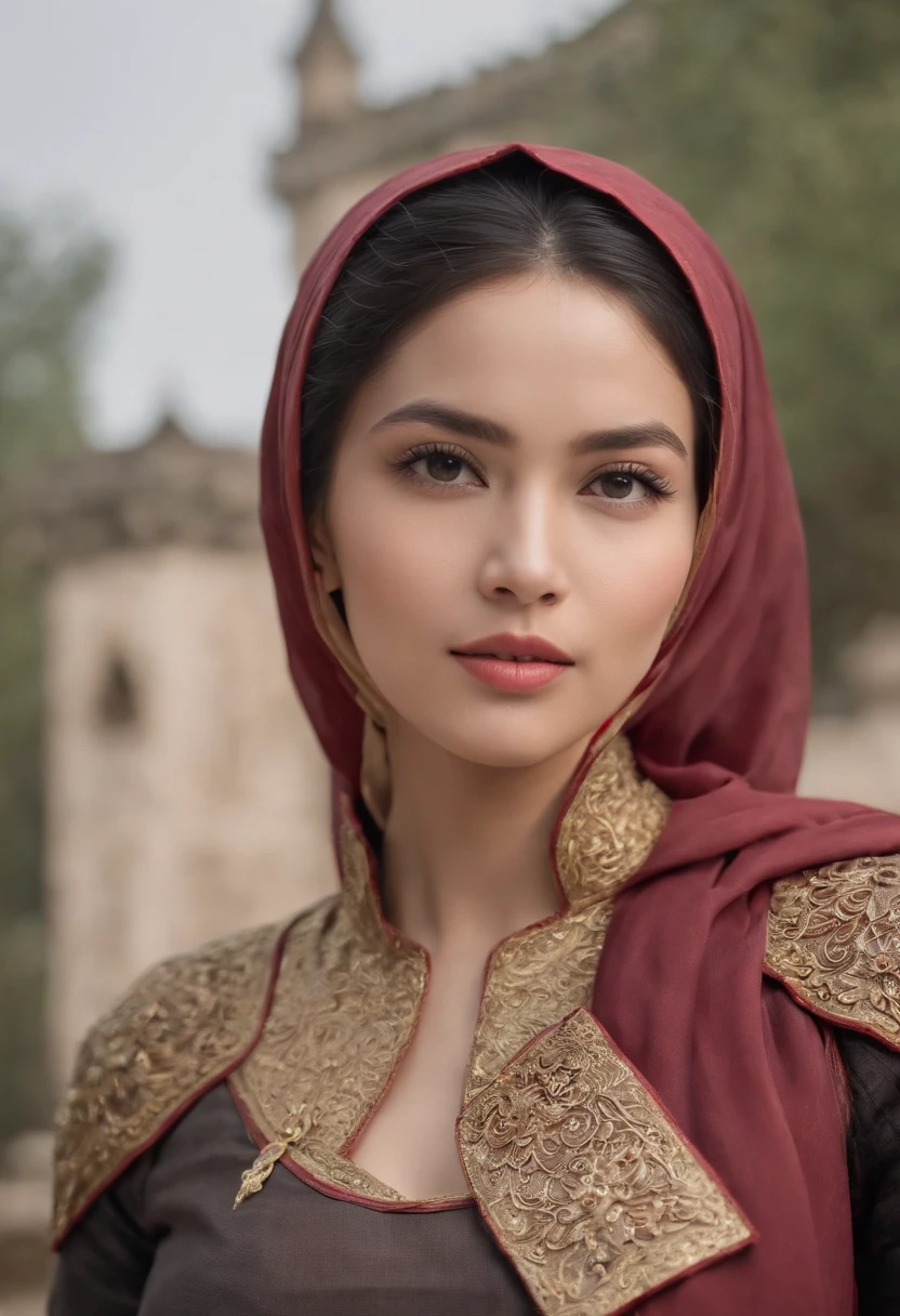 Malay mix chinese hijab, Royal Knights, armor wraps the whole body,Point the Knight's Sword to the sky,sportrait,closeup cleavage,Solemn,flatchest,modest,humble,Cinematic, hdr, primitive, Intricate, High quality, Gorgeous shades, Intricate details, super-fine,oc rendered