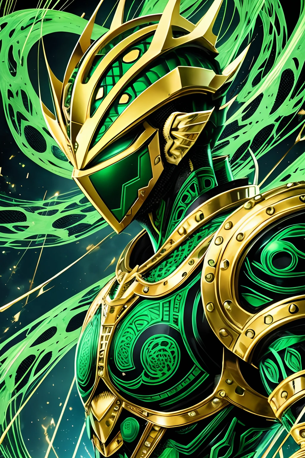 "Hierophant Green" is a humanoid Stand of average build clad in several light-colored pieces of armor all over its body with much of its body still exposed. Its armor includes a mask that can be broken to reveal a mouth.[2] Several of Hierophant Green's joints are mechanical, and its eyes are as well. The body is green and covered in a web-like pattern that Jotaro Kujo describes as reminiscent of a shiny melon. All of its body is capable of unraveling into tentacles covered in complex patterns. --auto --s2