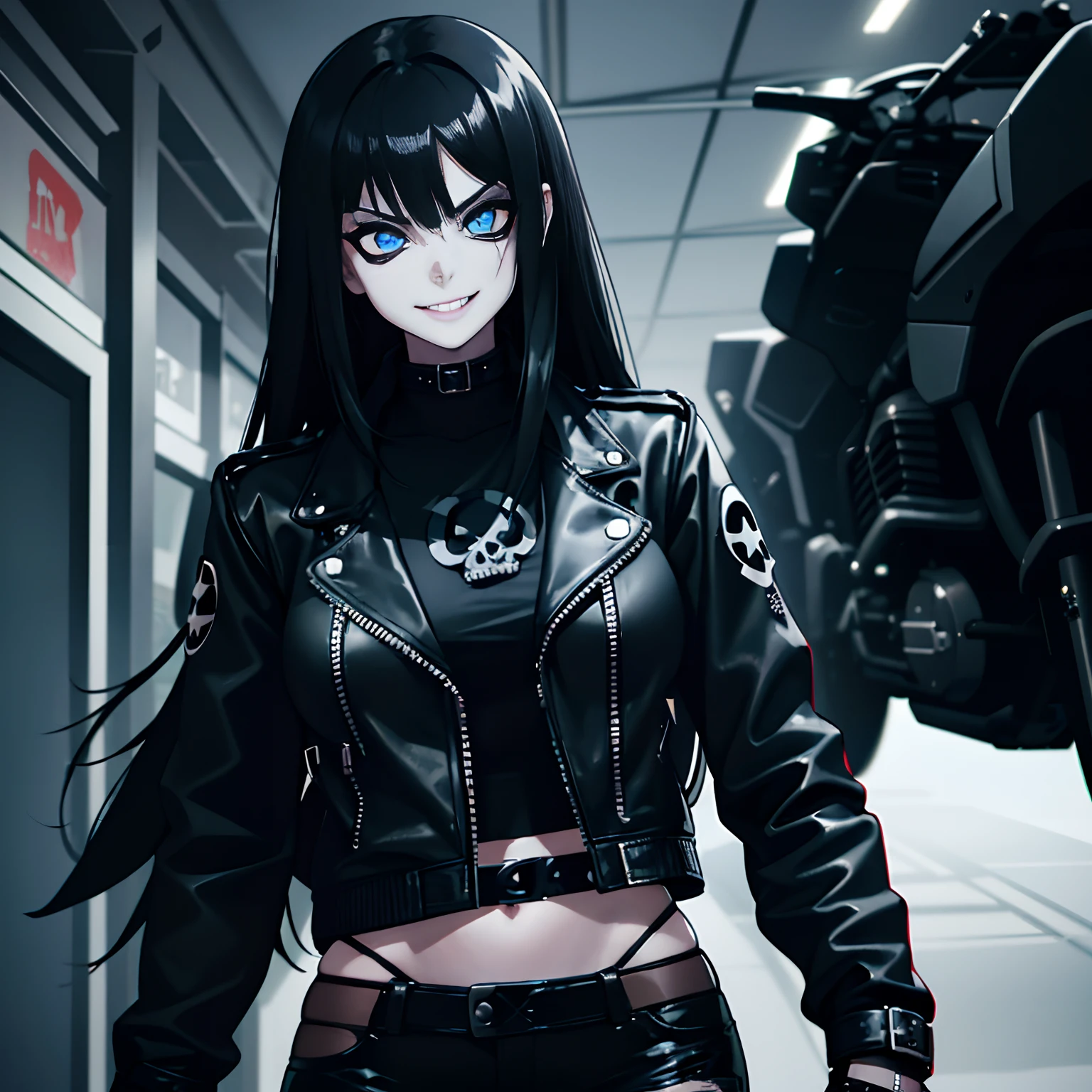 1girl, In an Apocalyptic City a girl with long straight black hair, large breasts, dark blue eyes, and black lipstick, wearing a black fishnet punk top, black jeans, and a black biker jacket with a skull and crossbones drawn on it. She is standing holding a knife with a sly smirk as there is a motorcycle behind her