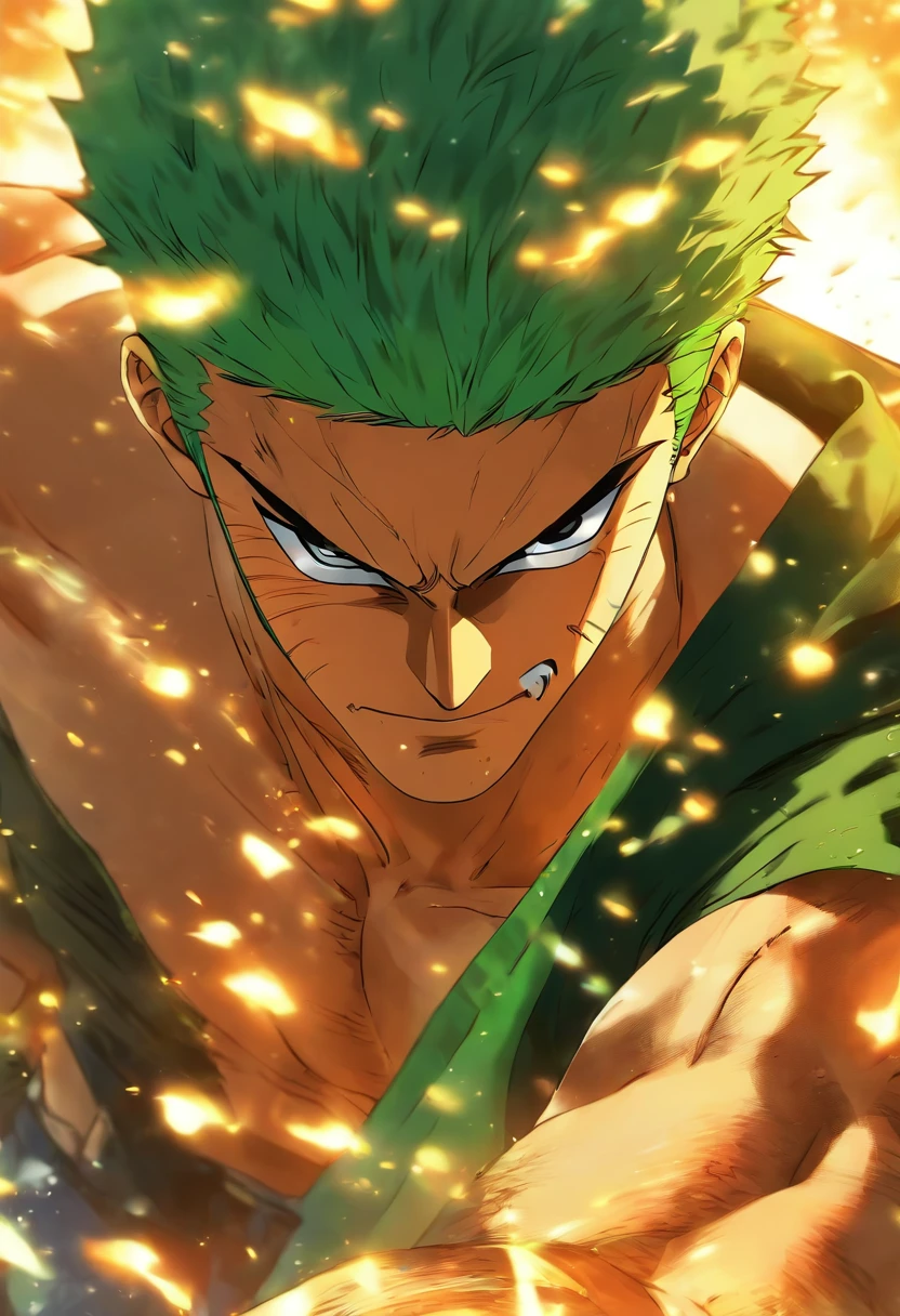 Zoro from one piece, green short hair, white shirt, dark green pants, unconsciously standing straight, eyes closed,  his face and body covered with blood.