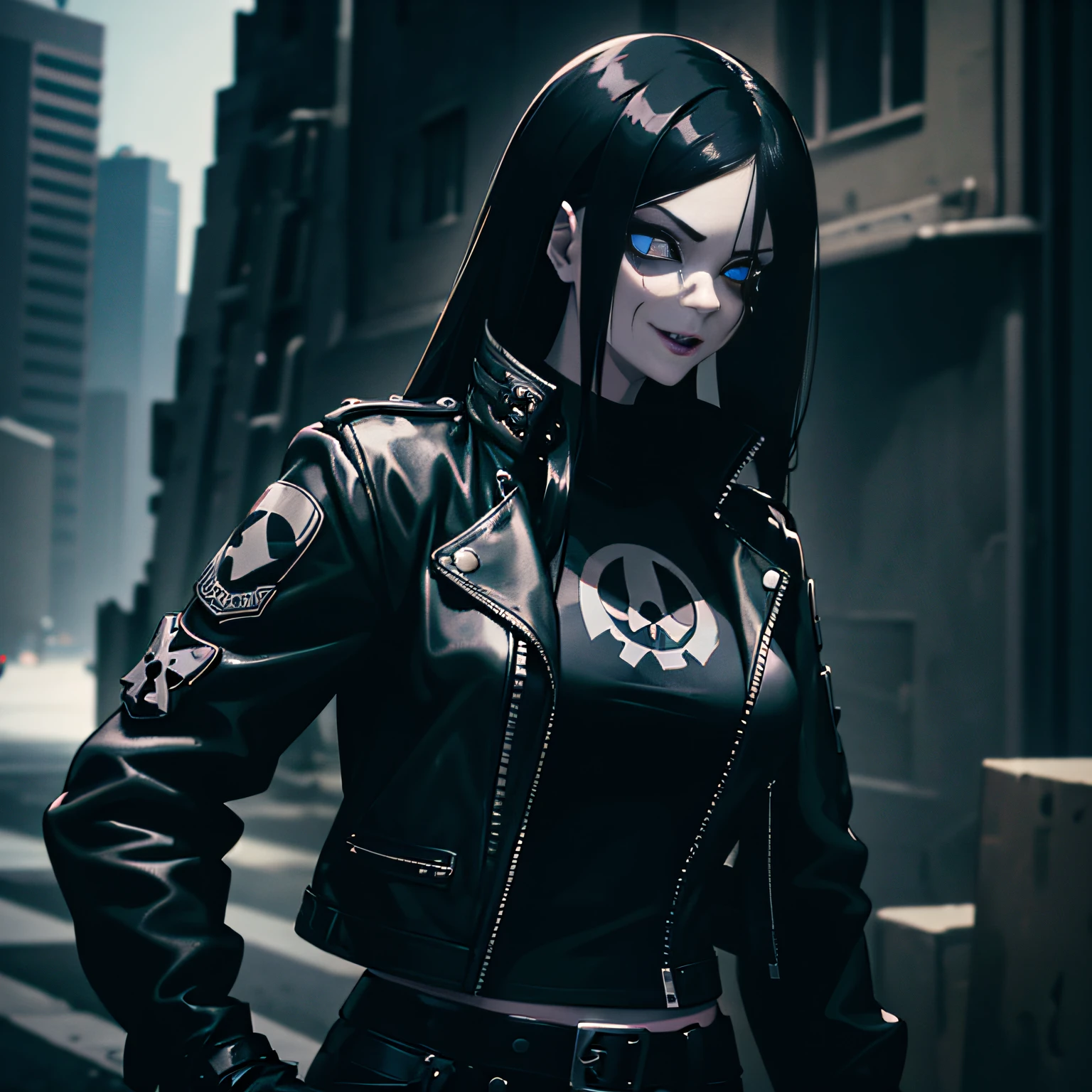 1girl, In an Apocalyptic City a girl with long straight black hair, large breasts, dark blue eyes, and black lipstick, wearing a black fishnet punk top, black jeans, and a black biker jacket with a skull and crossbones drawn on it. She is standing holding a knife with a sly smirk as there is a motorcycle behind her