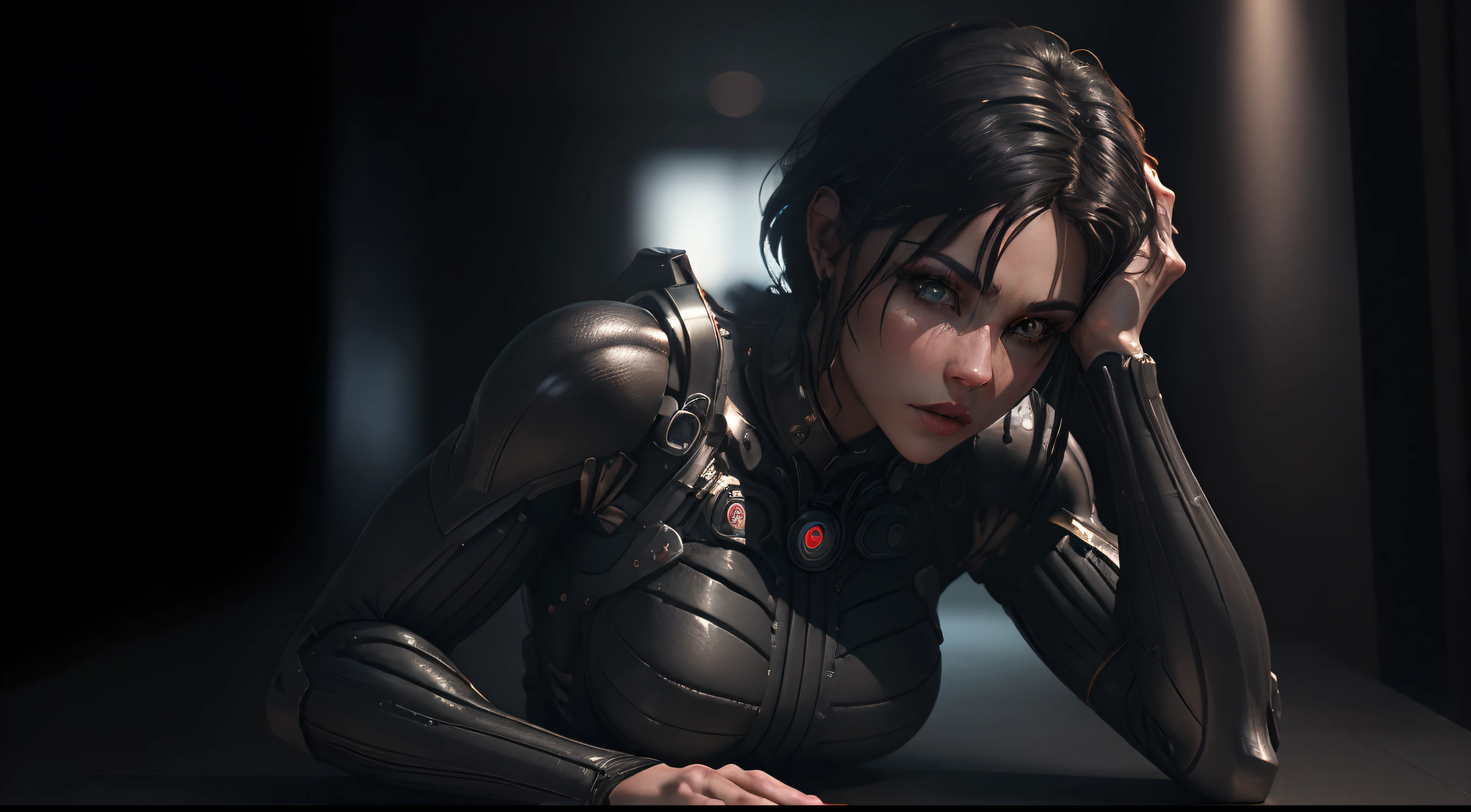 ((Best quality)), ((masterpiece)), (detailed:1.4), 3D, HDR (High Dynamic Range),Ray Tracing,NVIDIA RTX,Super-Resolution,Unreal 5,Subsurface scattering,PBR Texturing,Post-processing,Anisotropic Filtering,Depth-of-field,Maximum clarity and sharpness,Multi-layered textures,Albedo and Specular maps,Surface shading,Accurate simulation of light-material interaction,Perfect proportions,Octane Render,Two-tone lighting,Wide aperture,Low ISO,White balance,Rule of thirds,8K RAW, nanosuit, beautiful, short black hair, blue eyes, curvy