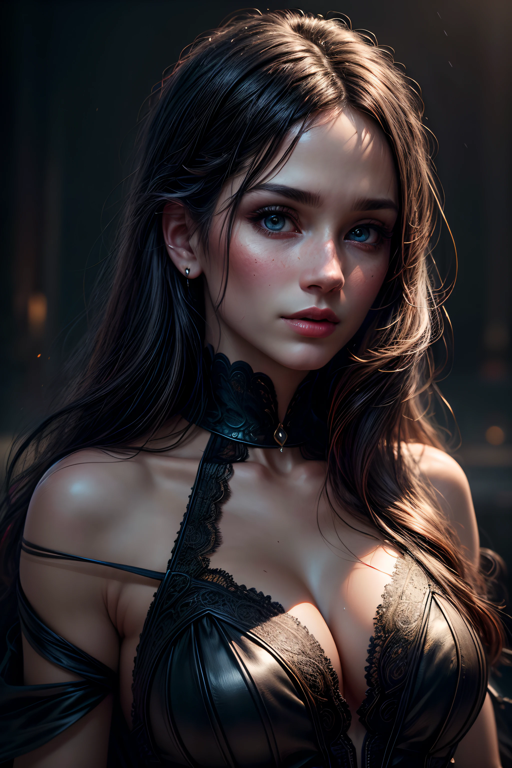 (best quality,4k,8k,highres,masterpiece:1.2),ultra-detailed,(realistic,photorealistic,photo-realistic:1.37),long black hair,fair skin,blue eyes,silk dress,jewels,fantasy,portraits,vivid colors,soft lighting
