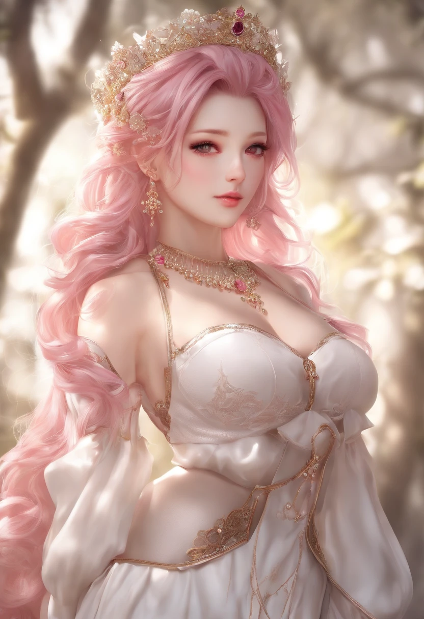 ((Top Quality, 8k, Masterpiece: 1.3)), Extremely Cute and Beautiful Woman, 1 Girl, (Huge Breasts: 1.3),Big Tits, (Abs, Slim Figure: 1.1), Sharp Focus, Pixiv Masterpiece, ((Intricate details)), Highly detailed, Upper body, 1girl, Pink hair from two sides up, all-white clothing, hair ornament, Separate sleeves, ribbon,nude,