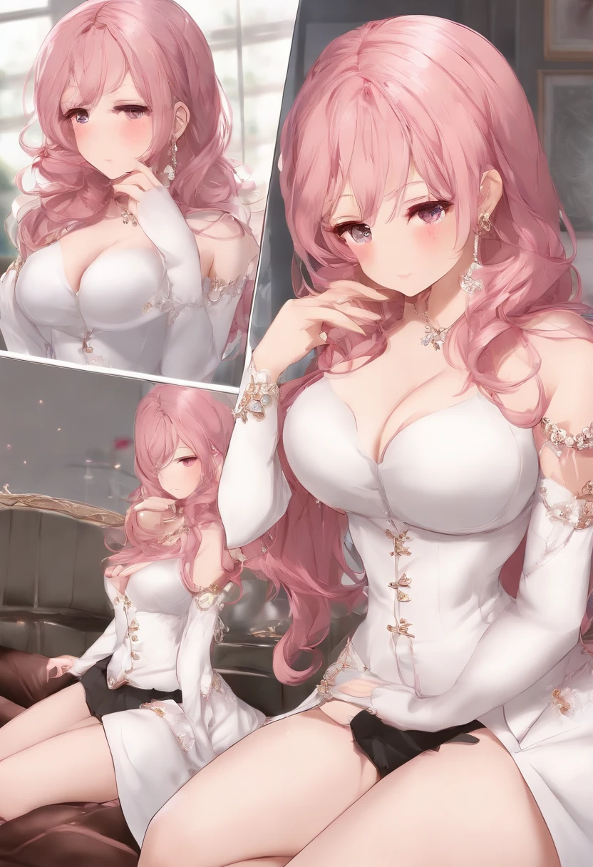 ((Top Quality, 8k, Masterpiece: 1.3)), Extremely Cute and Beautiful Woman, 1 Girl, (Huge Breasts: 1.3),Big Tits, (Abs, Slim Figure: 1.1), Sharp Focus, Pixiv Masterpiece, ((Intricate details)), Highly detailed, Upper body, 1girl, Pink hair from two sides up, all-white clothing, hair ornament, Separate sleeves, ribbon,nude,