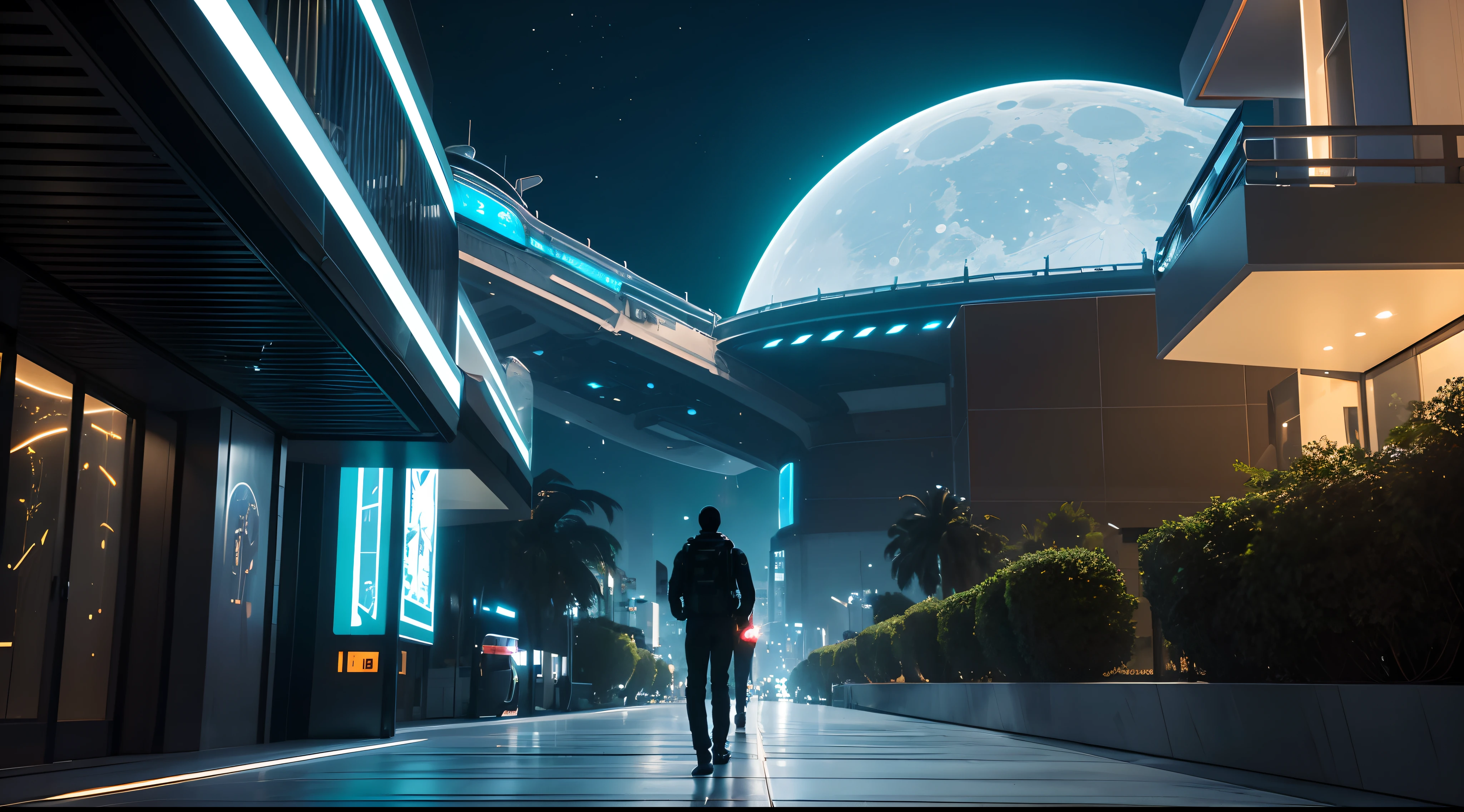 (melhor qualidade,4k,8k,Altas,master part:1.2),ultra-detalhado,(Realistic,fotorrealista,photo-realistic:1.37),cidade futurista vibrante na lua,Advanced Architectural Designs,Ethereal Skyline,luzes da cidade reluzentes pairando sobre o terreno lunar,Hovering and self-illuminating transport capsules,Pulsing Neon Signs,Infraestrutura de alta tecnologia,ruas iluminadas pela lua,reflective glass skyscrapers,Paisagem lunar reimaginada com crateras e rochas dispersas,Shimmering, dome-shaped biodomes with lush vegetation,Translucent Air Purification Towers,redes de energia movidas a energia solar,passarelas flutuantes cintilantes,Zero-gravity transport between buildings,Presence of state-of-the-art robots and androids,pessoas usando roupas elegantes e futuristas,Innovative holographic technology,Extraterrestrial-inspired art installations,Vibrant fusion of lunar and terrestrial color palettes,brilho luminescente sutil emitido pelo luar,Perspective showing the vastness and depth of the lunar environment