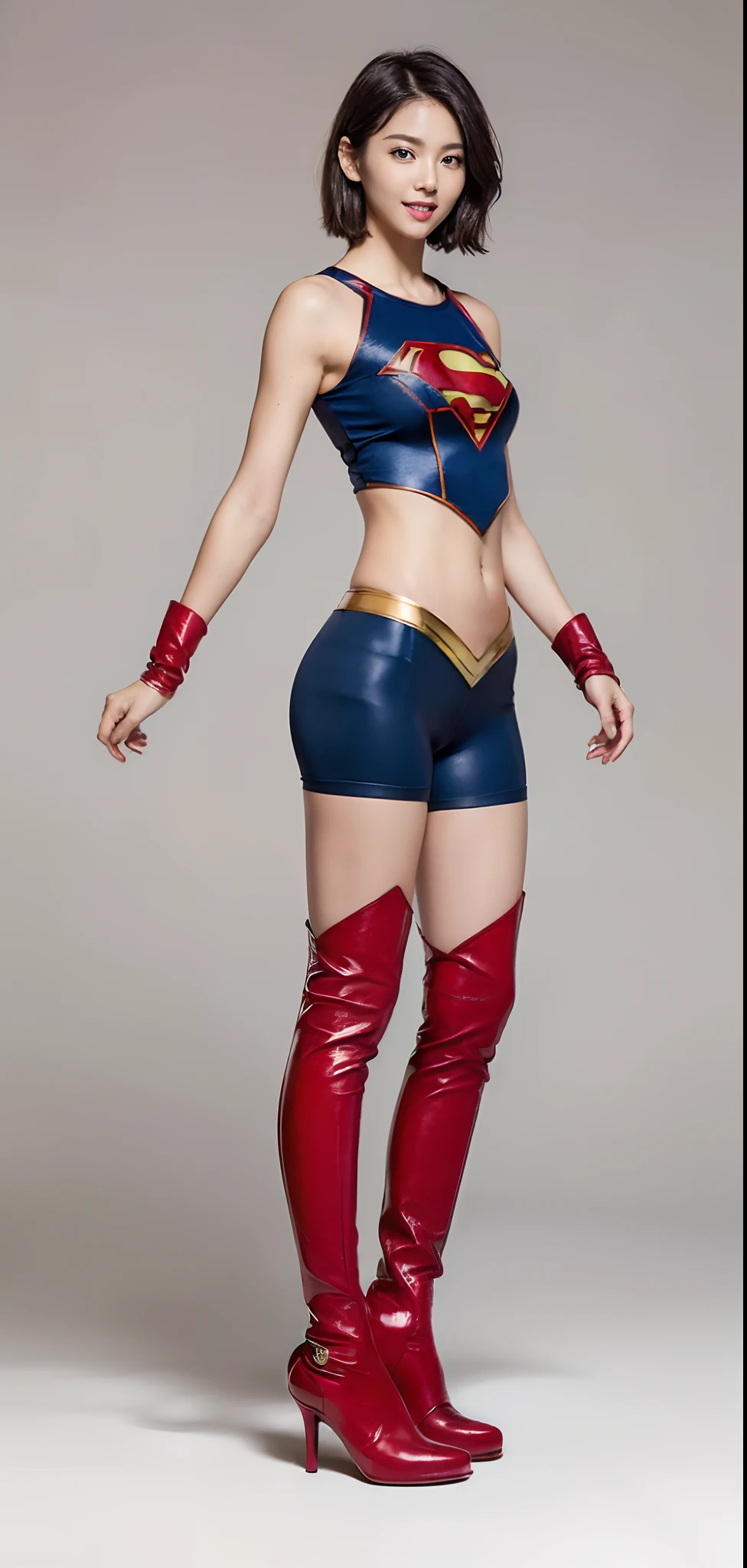Shiny legs、(((Wear black tights on your beautiful legs.)))、(((beauty legs)))、(((facial expression of smile)))、((((Make the most of the original image)))、(((Supergirl Costume)))、(((Beautiful short hair、The hair)))、(((Suffering)))、(((Feet must necessarily be worn with black tights)))、(((You need to wear red boots)))、((Top image quality、8K))、((top-quality、8K、​masterpiece:1.3))、(((Keep your background simple)))、Crisp focus:1.2、Beautiful woman with perfect body shape:1.4、Slender Abs:1.2、a wet body:1.5、Highly detailed facial and skin texture、8K