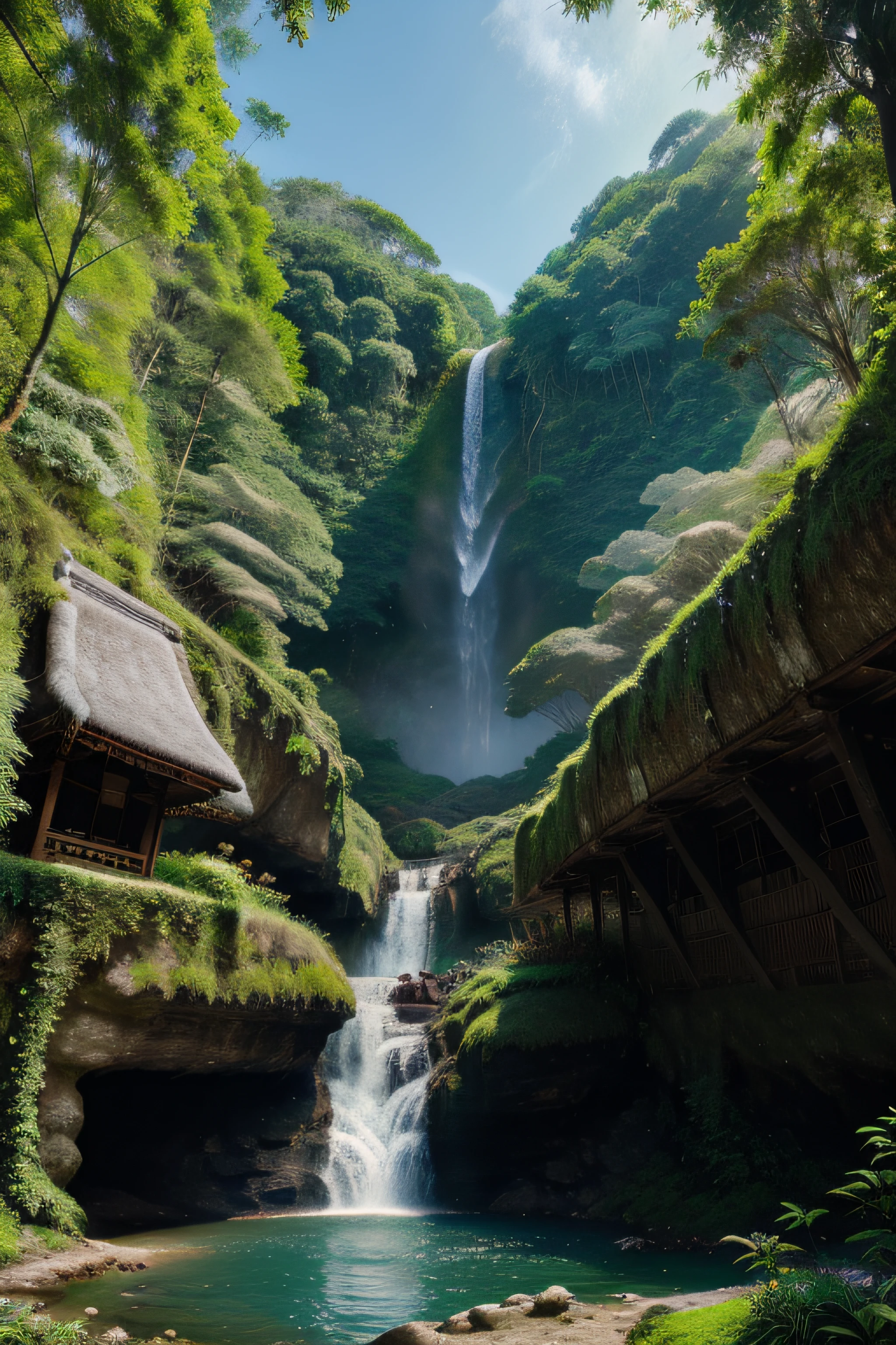 Masterpiece, best quality, 8K, high res, ultra-detailed, A scene of a waterfall cascading down a high cliff amongst lush greenery, adorned by vibrant flowers, towering pines, and delicate bamboo groves,no humans, sakura, beautiful view, ultra-detailed, fine detailed, highly detailed, intricate, highly detailed, ultra-detailed, scenery,no humans, lush green mountains, winding rivers, misty atmosphere, solitary, intricate details, delicate features, verdant trees, blooming flowers, druid's circle, soft moss, deep forest, intricate leaves and vines, wisps of light, still pool of water, pristine, verdant green, A picturesque scene of a waterfall cascading down a high cliff amongst lush greenery, adorned by vibrant flowers, towering pines, and delicate bamboo groves.