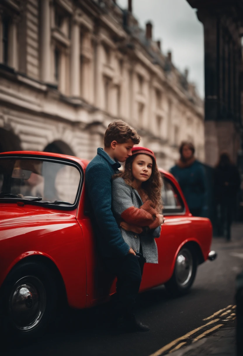 Boy With cute girl in london Street front of red car