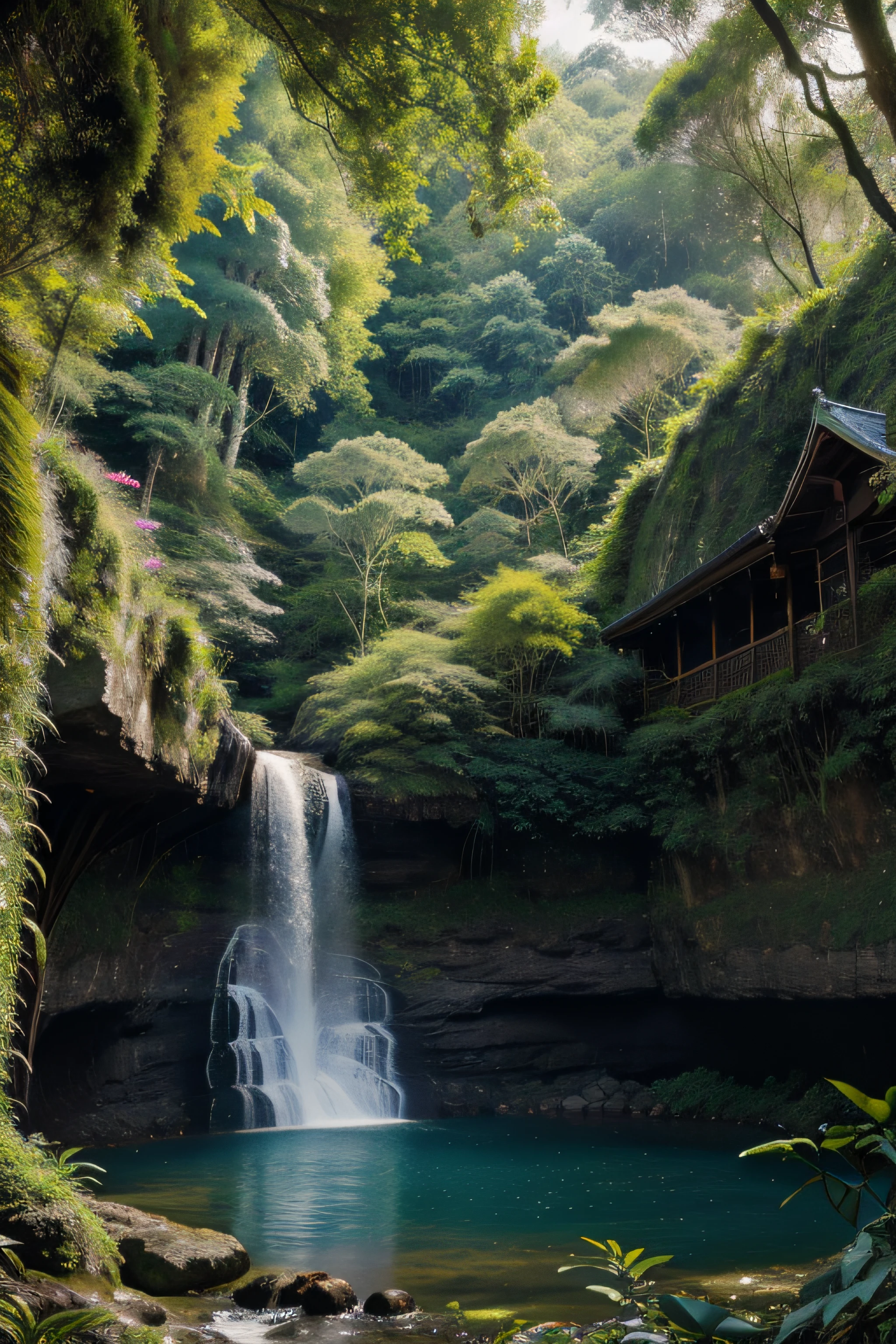 Masterpiece, best quality, 8K, high res, ultra-detailed, A scene of a waterfall cascading down a high cliff amongst lush greenery, adorned by vibrant flowers, towering pines, and delicate bamboo groves,no humans, sakura, beautiful view, ultra-detailed, fine detailed, highly detailed, intricate, highly detailed, ultra-detailed, scenery,no humans, lush green mountains, winding rivers, misty atmosphere, solitary, intricate details, delicate features, verdant trees, blooming flowers, druid's circle, soft moss, deep forest, intricate leaves and vines, wisps of light, still pool of water, pristine, verdant green, A picturesque scene of a waterfall cascading down a high cliff amongst lush greenery, adorned by vibrant flowers, towering pines, and delicate bamboo groves.
