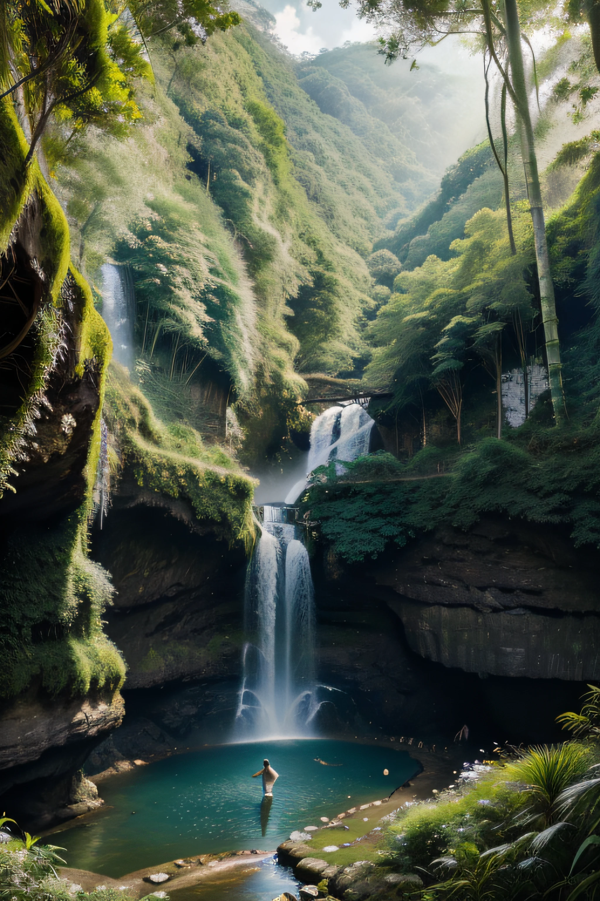 Masterpiece, best quality, 8K, high res, ultra-detailed, A scene of a waterfall cascading down a high cliff amongst lush greenery, adorned by vibrant flowers, towering pines, and delicate bamboo groves,no humans, sakura, beautiful view, ultra-detailed, fine detailed, highly detailed, intricate, highly detailed, ultra-detailed, scenery,no humans, lush green mountains, winding rivers, misty atmosphere, solitary, intricate details, delicate features, verdant trees, blooming flowers, druid's circle, soft moss, deep forest, intricate leaves and vines, wisps of light, still pool of water, pristine, verdant green, A picturesque scene of a waterfall cascading down a high cliff amongst lush greenery, adorned by vibrant flowers, towering pines, and delicate bamboo groves.