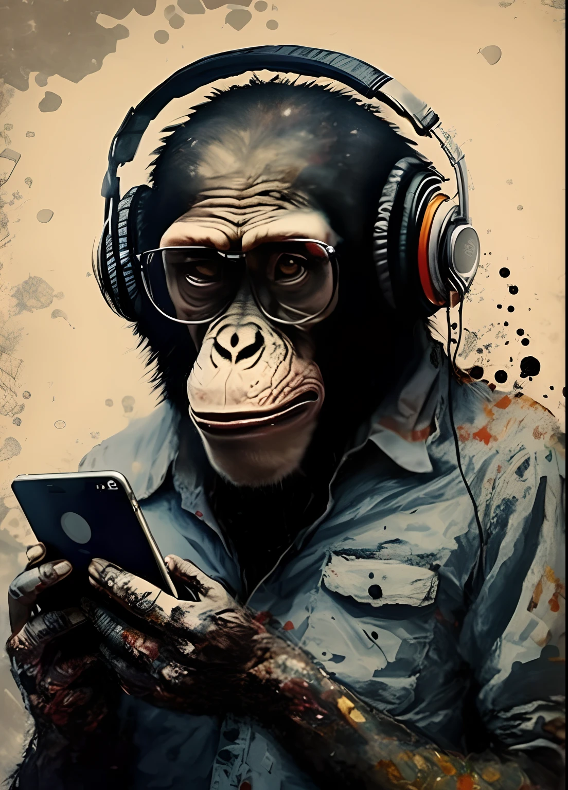um close up de um macaco com fones de ouvido segurando um celular, macaco entediado nft, extremely high quality artwork, Directed by: Alex Petruk APe, Listening to music, arte de alta qualidade, vibing to music, macaco entediado, obras de arte impressionantes, awesome art, arte linda, inspirado em Igor Morski, ele tem fones de ouvido, com fones de ouvido, music is life