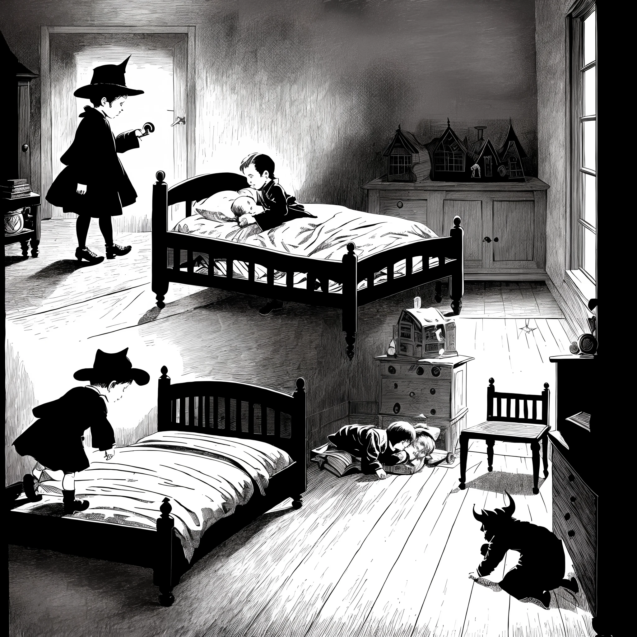 A dark old children room with a  sleeping on the bed and one scary devil pulling his leg. Old book illustration.