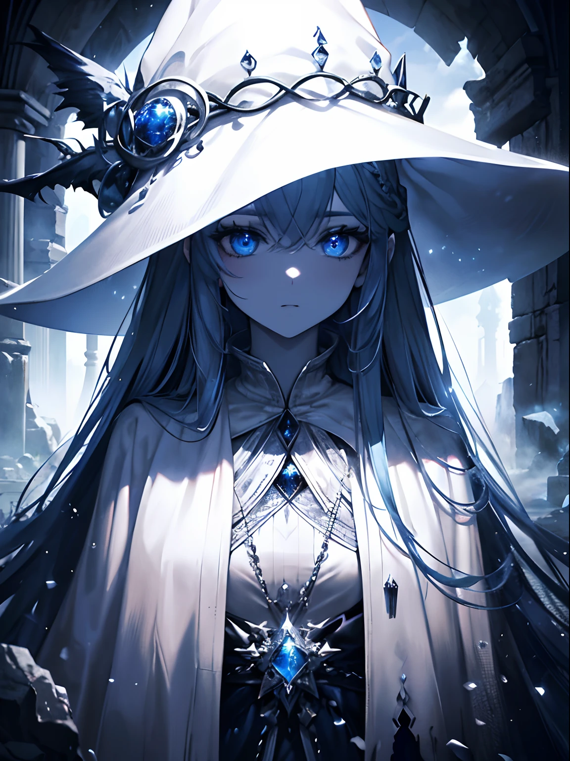 (masterpiece,best quality,ultra-detailed),1girl,medium long hair,blue hair,bibrant color hair,white witch hat,white witch outfit,beautiful and detailed face, detailed eyes,in a ancient ruin of black stone,cloudy, night, shadow, darkness(grey theme),looking at viewer