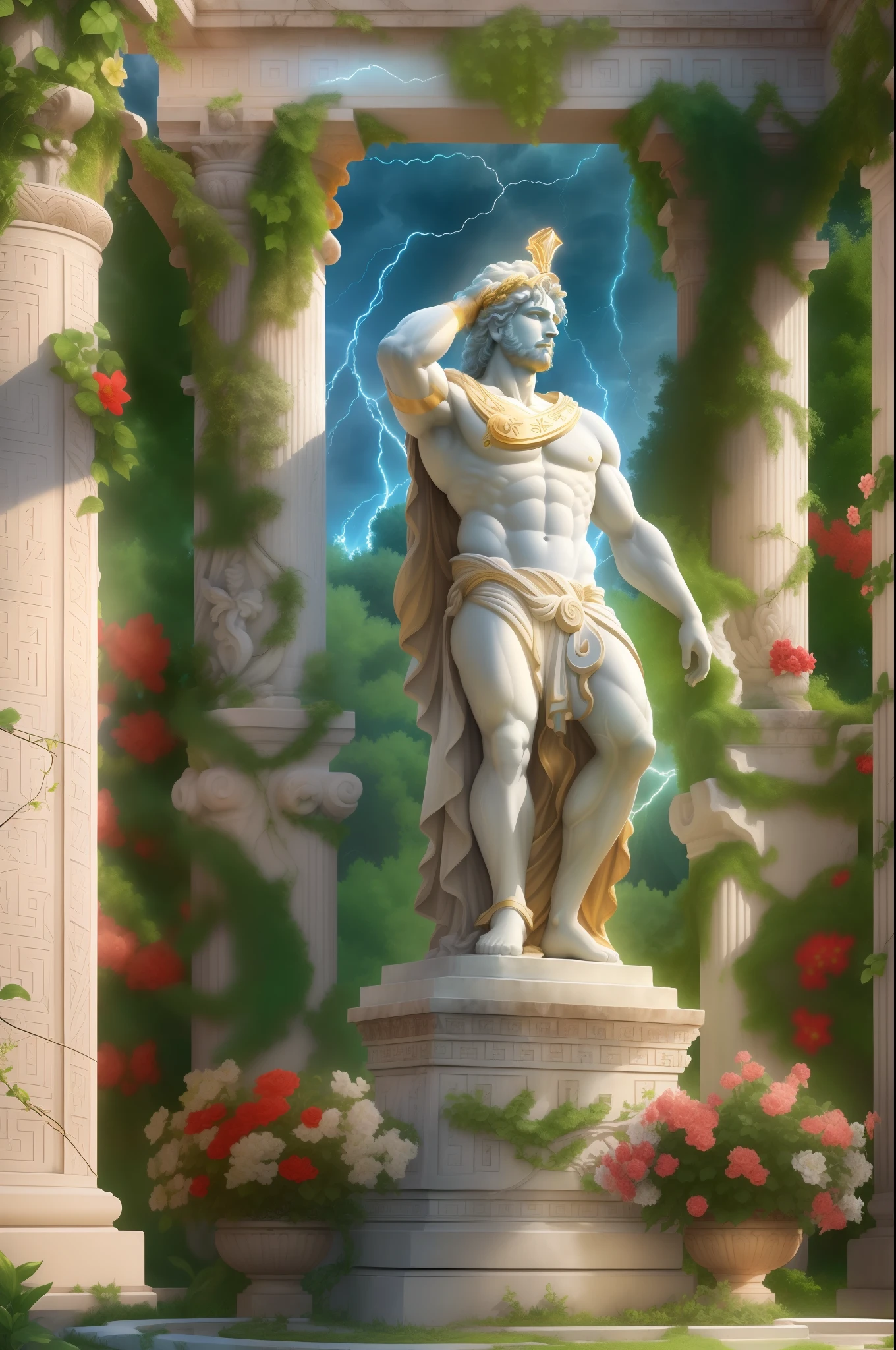 (extremely detailed CG unity 8k wallpaper, best quality, masterpiece, an extremely delicate and beautiful), Greek garden, white marble statue, Zeus, golden lightning bolts, thunderous sky, sunlight rays,green vines, red flowers, blue sky-background, grand, majestic.