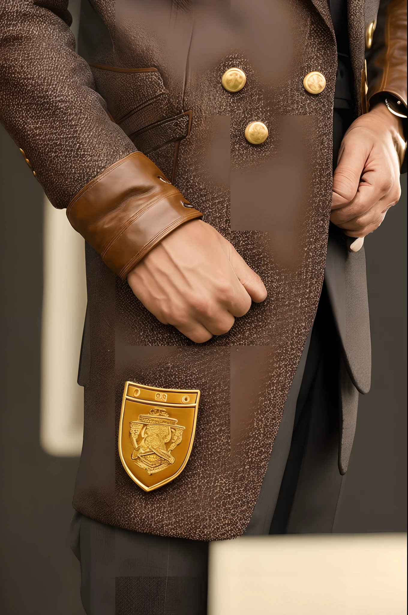 The security personnel wear impeccably tailored suits in deep shades of brown and black, featuring pinstripes for a touch of sophistication. The suits are adorned with subtle yet stylish gear-shaped lapel pins, symbolizing the bank's commitment to technological innovation. Each suit is accessorized with bronze cufflinks, leather gloves, and sturdy leather boots for a strong and imposing appearance. On their suit jackets, they display a prominent brass badge, proudly representing the bank and its commitment to safety.