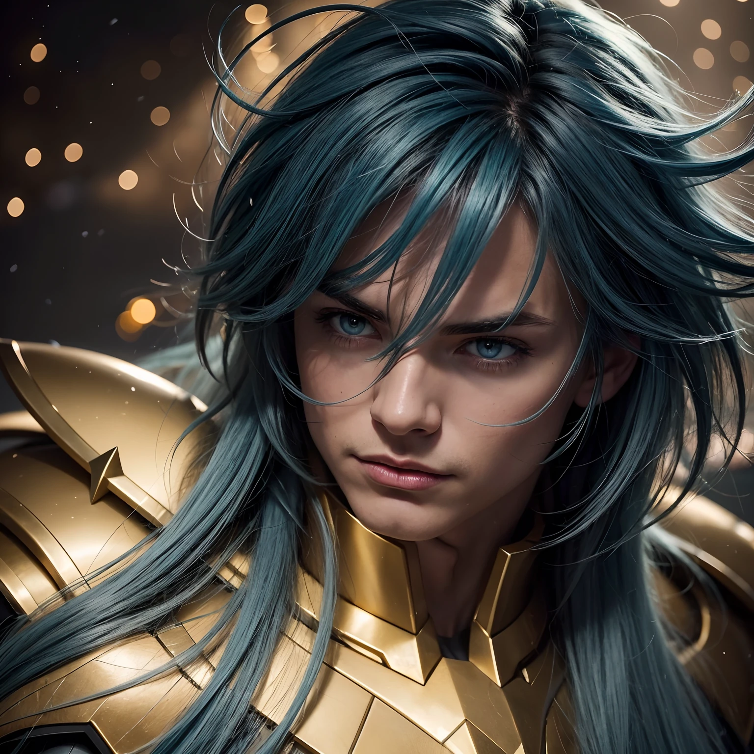 cinemactic, incrivelmente detalhado e ultrarrealista, Camus of Aquarrius Saint Seiya. Close up. He's wearing pretty realistic golden armor. Armadura dourada brilhante. ((Bright golden armor)). Armadura com brilho natural. Octane is the perfect tool to capture the softest details of this 16k photography masterpiece. He is a handsome white man about ((35 years)) old. 1 homen. ((French man)). beautiful face. Rosto detalhado. Nariz bonito. Nariz fino e alongado. (Olhos azuis muito grandes). Cold expression. olhos perfeitos. Cold expression. ((depilado)). Strong expression. He has long ((light petrol blue)) hair. messy hair with bangs. messy hair. Pelas de rosas flutuando em torno ele. Landscape starry sky.