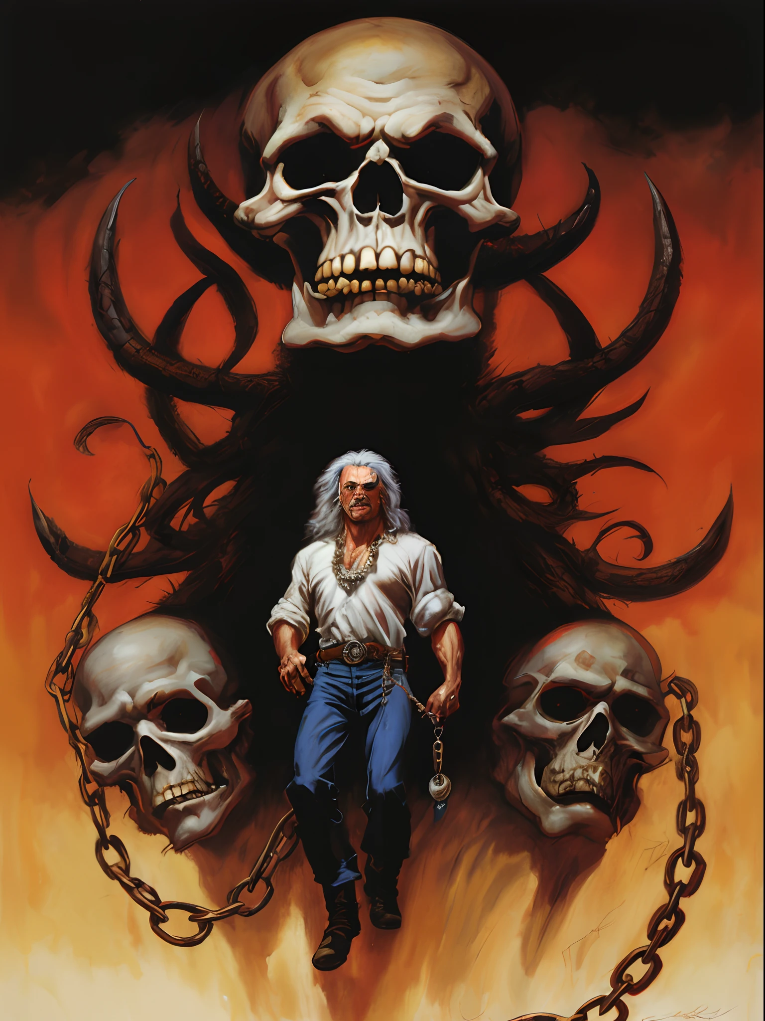 pintura de um homem com barba e caveira em uma corrente, jeff easley cinematic, Retrato de Doc Savage, arte da capa dos quadrinhos de heavy metal, Alex Ross e Richard Corben, inspirado em Joe Jusko, Jeff Easley e Ross Tran, Directed by: Joe Jusko, Marcos Silvestri, Frank Frazetta e Jeff Easley, Artwork by Drew Struzan