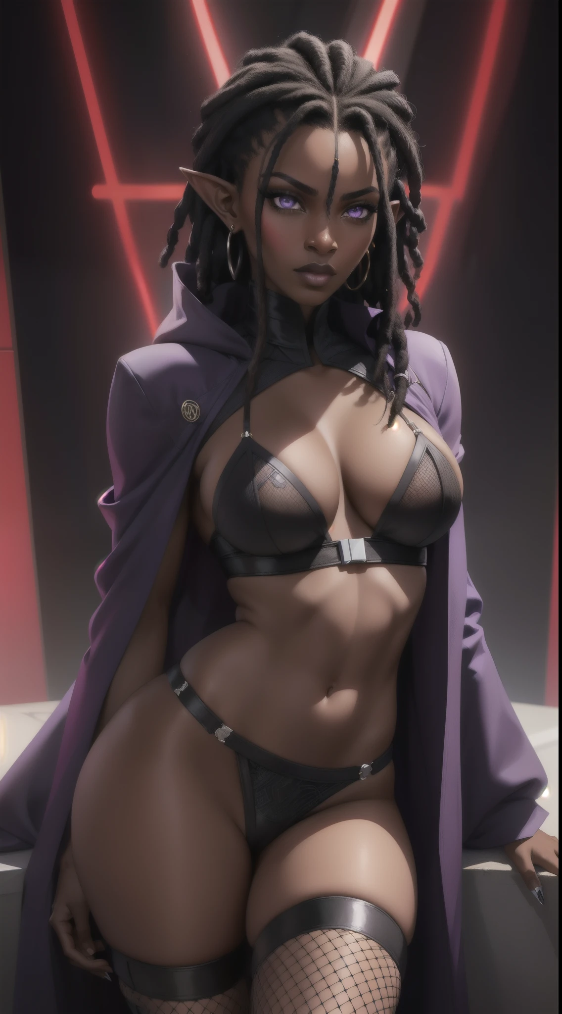 Portrait of an (African-American) female, with dark black (dreadlocks), purple eyes, (dark brown skin), pointed ears, (slutty assassin), (sexy sith) lord, fishnet sexy sith robes, (lust) demon, perfect composition, hyper-detailed, 8K, high quality, (perfect eyes), trending art, sharp focus, studio photo, intricate details, quality pose